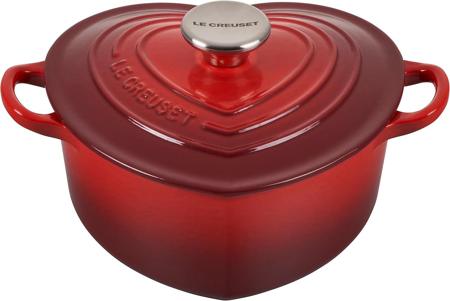 Cerise Red Enameled Cast Iron Heart Dutch Oven with Lid