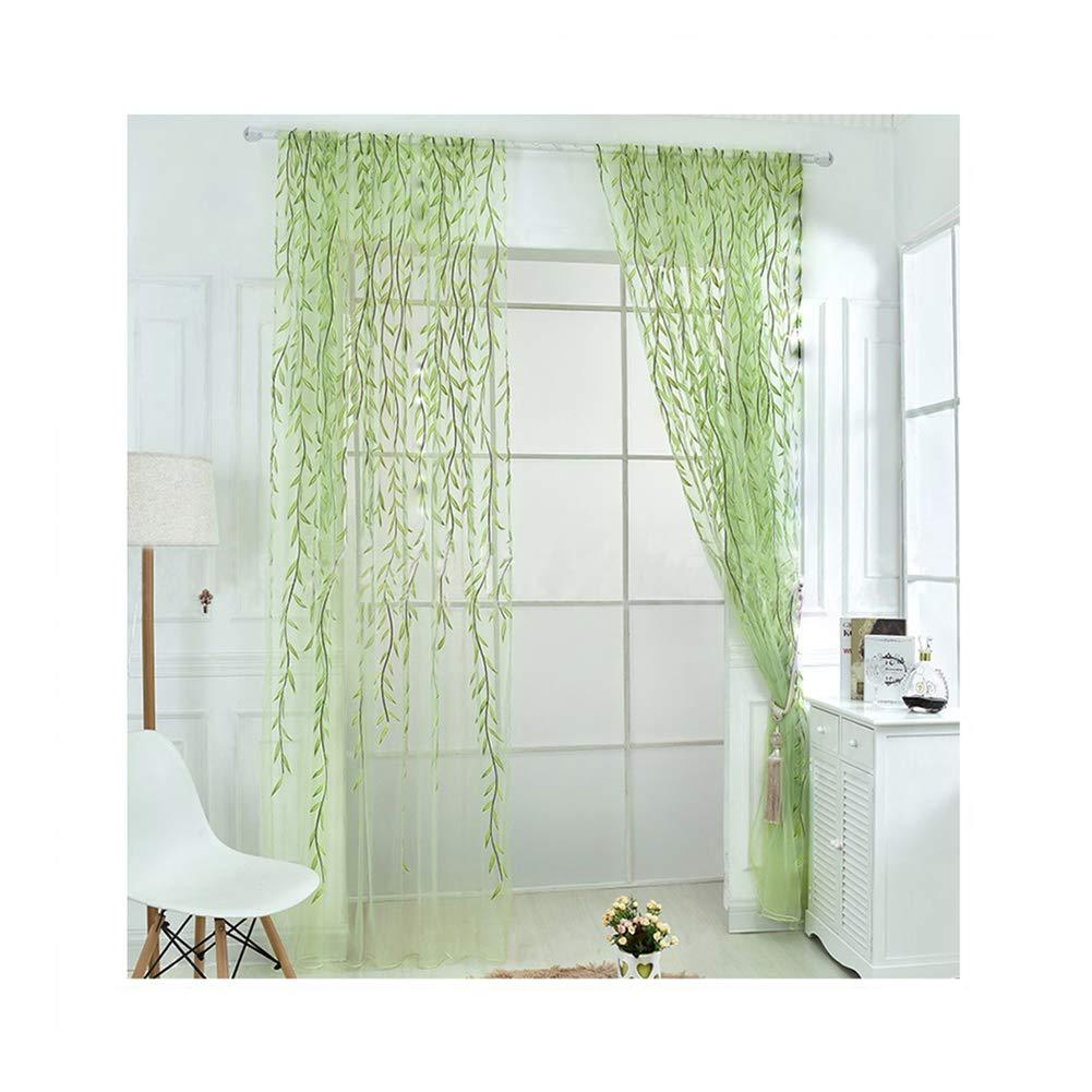 XmhyTop Rely2016 2 Pieces Willow Window Curtain Voile Tulle Room Salix Leaf Sheer Gauze Curtain Voile Panel Drapes Curtain Green Color for Living Room, Bedroom, Balcony ,100 x 200cm