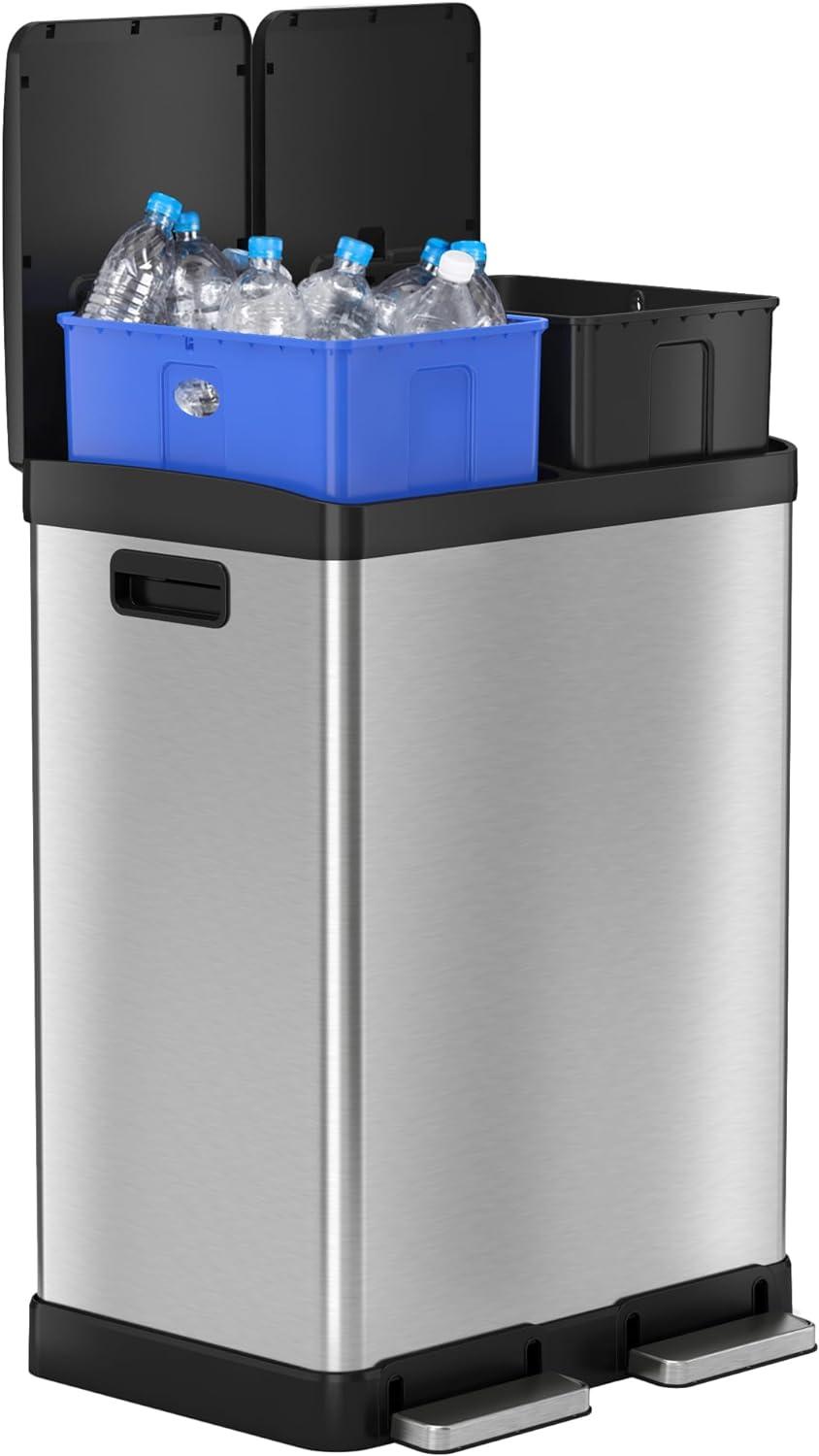 iTouchless Step Pedal Kitchen Trash Can and Recycle Bin Combo with AbsorbX Odor Filter and Removable Inner Buckets 16 Gallon Stainless Steel