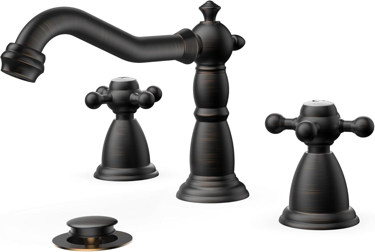 FORIOUS Vintage 3 Hole Bathroom Faucets Oil Rubbed Bronze, 2 Handle 8 Inch Widespread Antique Faucet for Bathroom Vanity RV Farmhosue Sink with Metal Pop Up Drain and Supply Lines