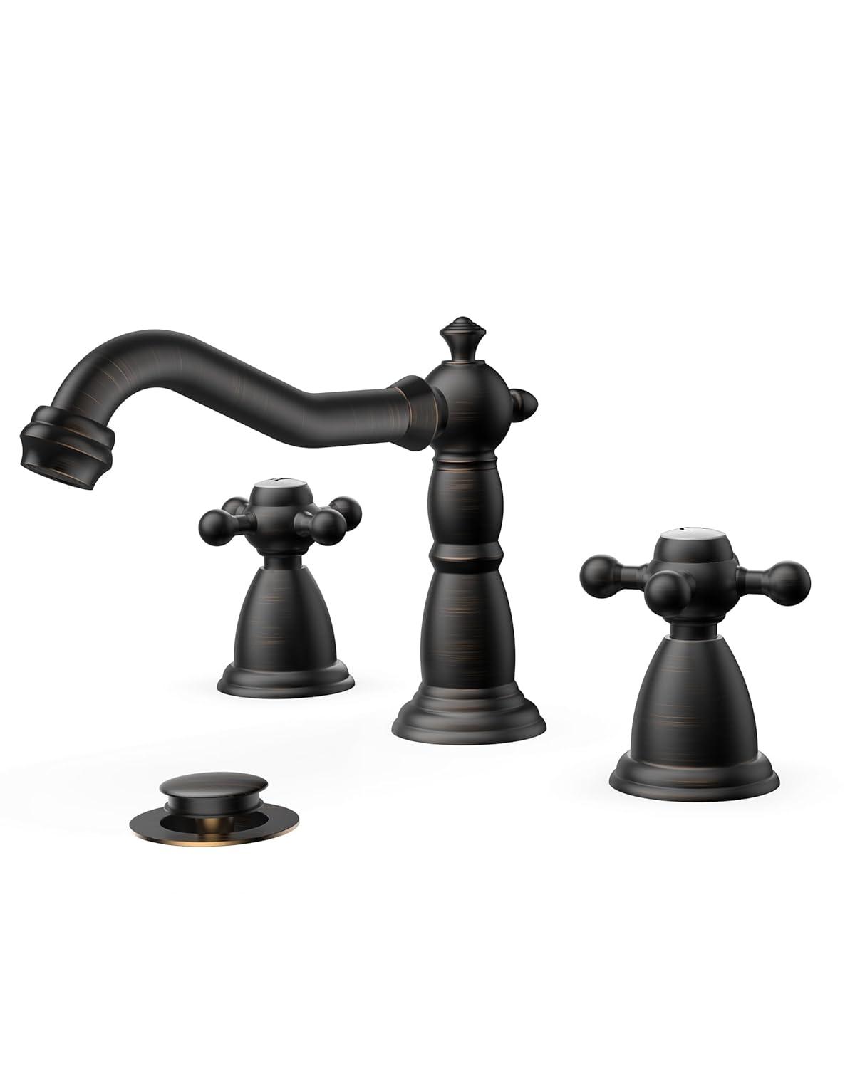 FORIOUS Vintage 3 Hole Bathroom Faucets Oil Rubbed Bronze, 2 Handle 8 Inch Widespread Antique Faucet for Bathroom Vanity RV Farmhosue Sink with Metal Pop Up Drain and Supply Lines