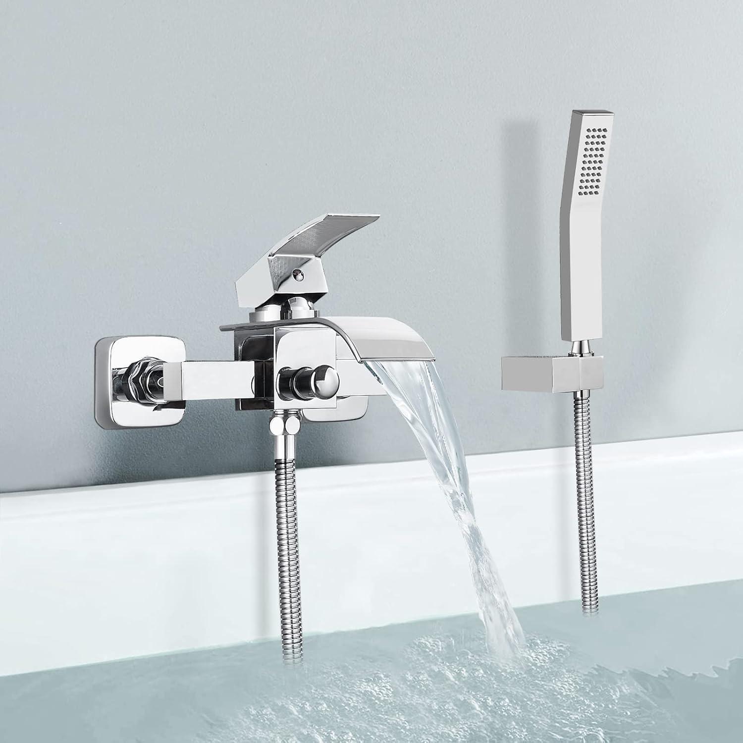 Polished Chrome Wall Mount Bathtub Faucet with Handheld Spray