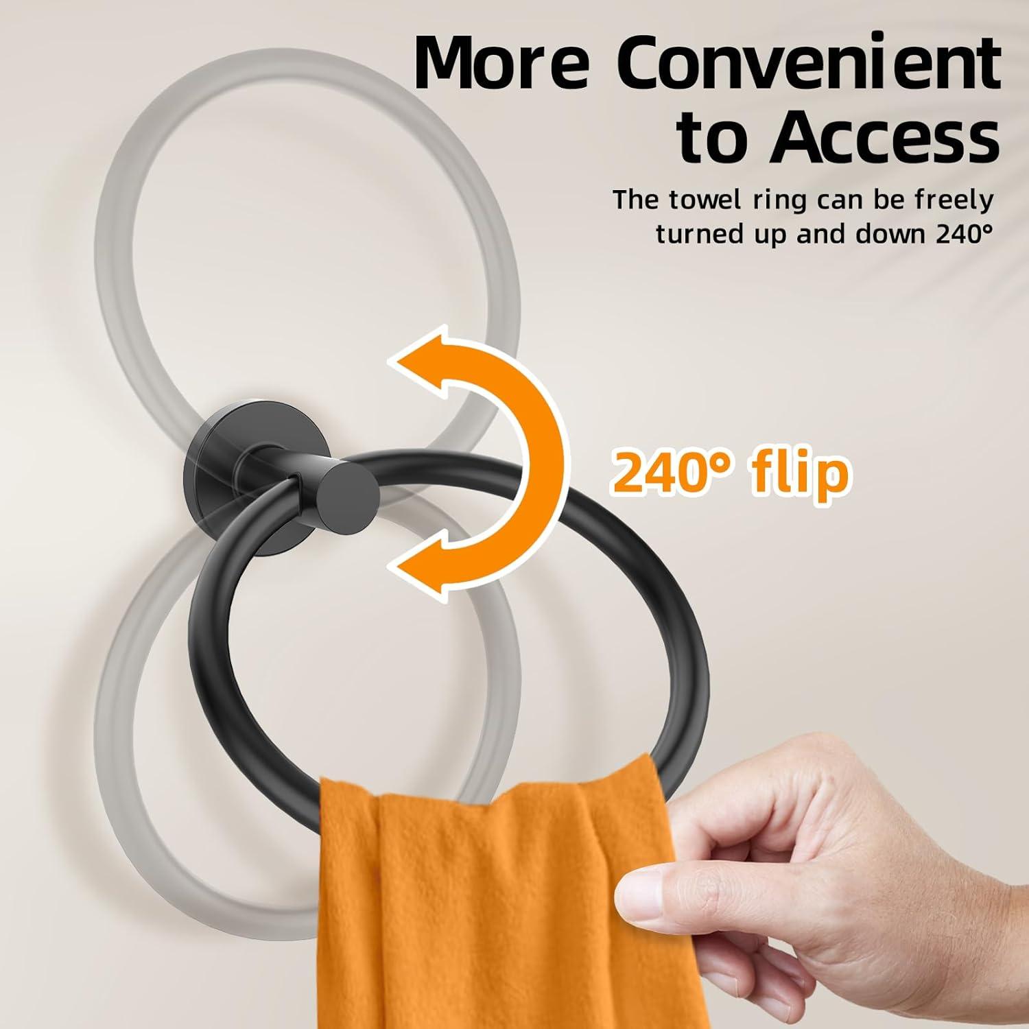 Stainless Steel Towel Ring Set of 2, Rust-Resistant Sus304, Perfect for Bathroom, Kitchen, Living Room, Matte Black Finish