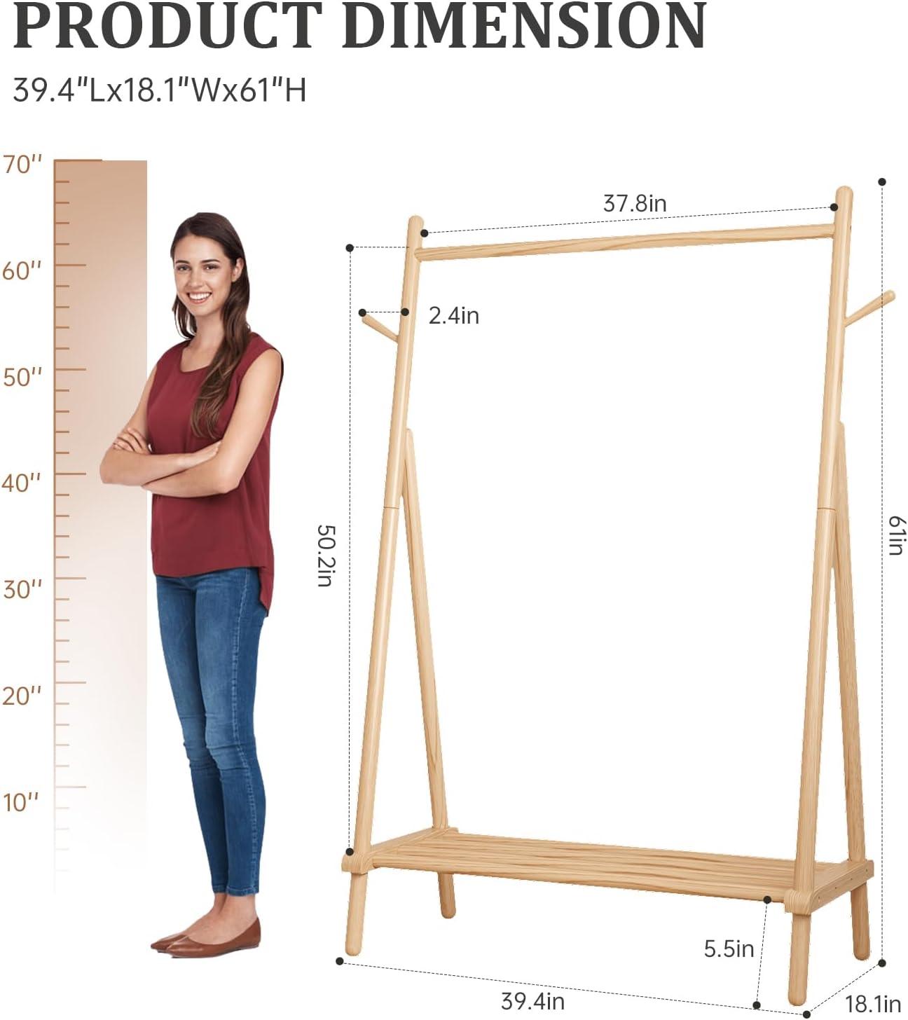 Natural Solid Wood Portable Clothing Rack with Shelf and Hook