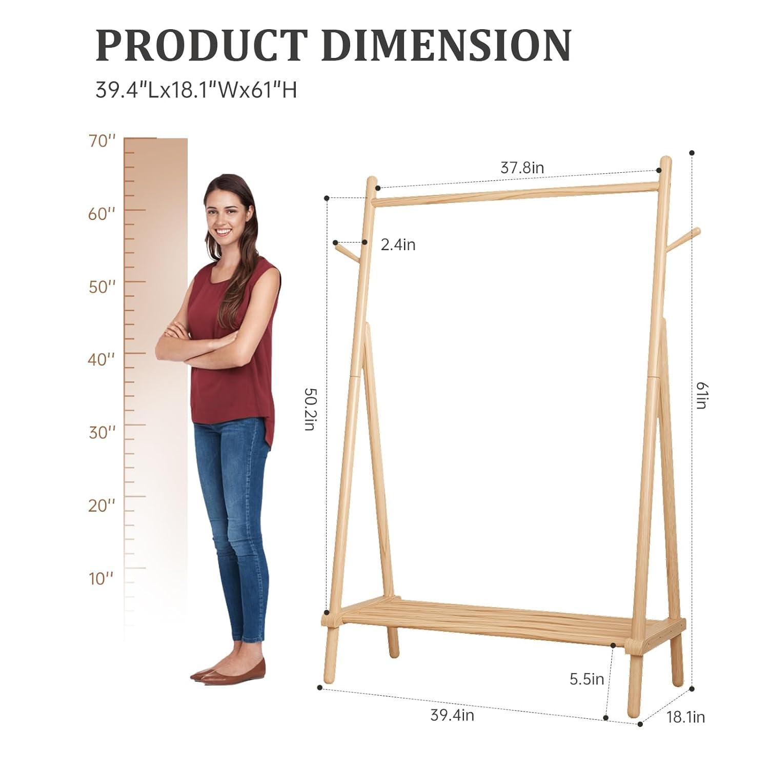 Rebrilliant Solid Wood Clothes Rack, Clothing Rack With Shelf And Hook, Sturdy And Portable, Garment Rack For Hanging Clothes,Coats,Skirts,Shoes,Bags,Easy To Assemble (Natural)
