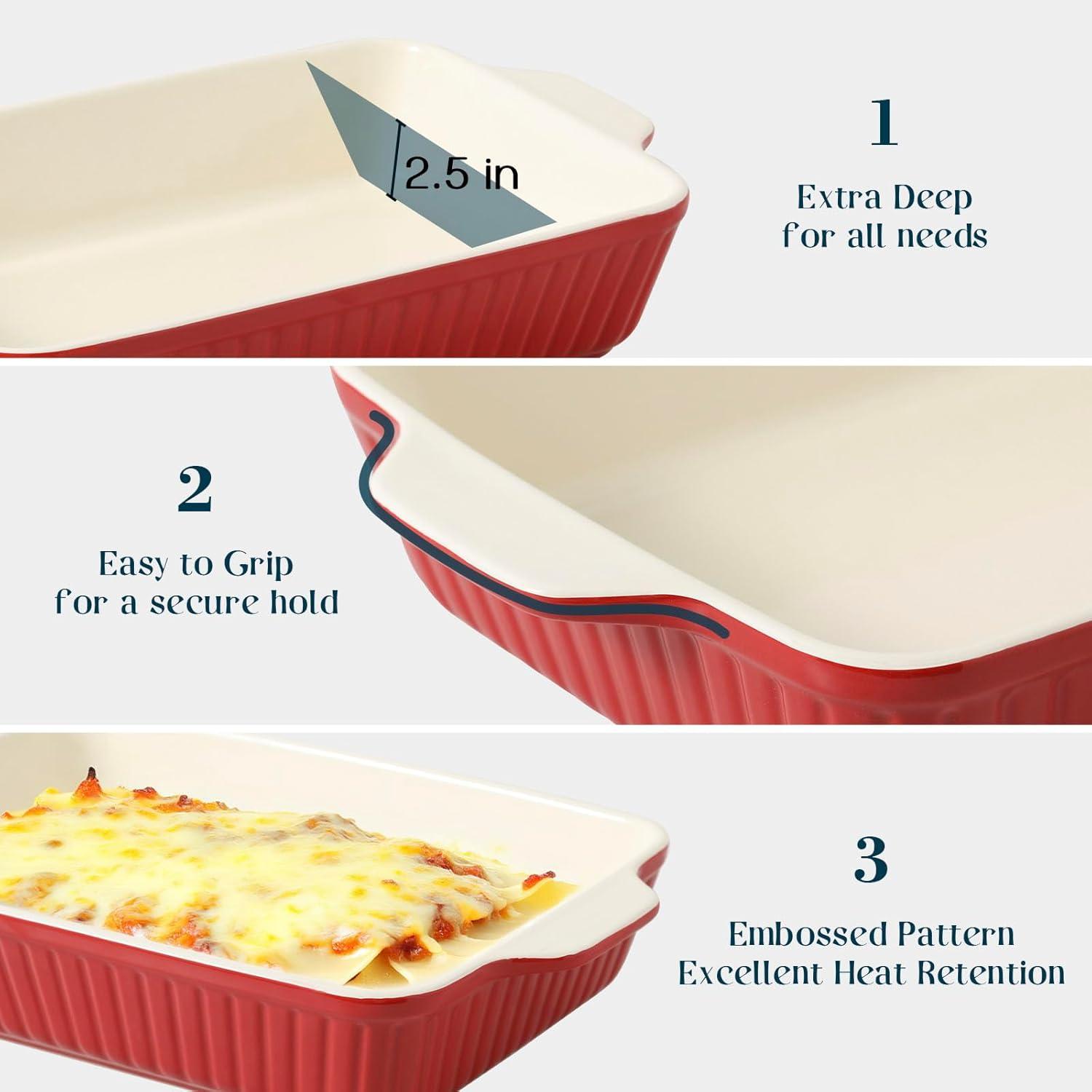 SWEEJAR Rectangular Ceramic Bakeware Set, Non-Stick Roasting Pan with Handles Baking Dishes,Casserole Pans for Cake Dinner, Set of 3 - Red