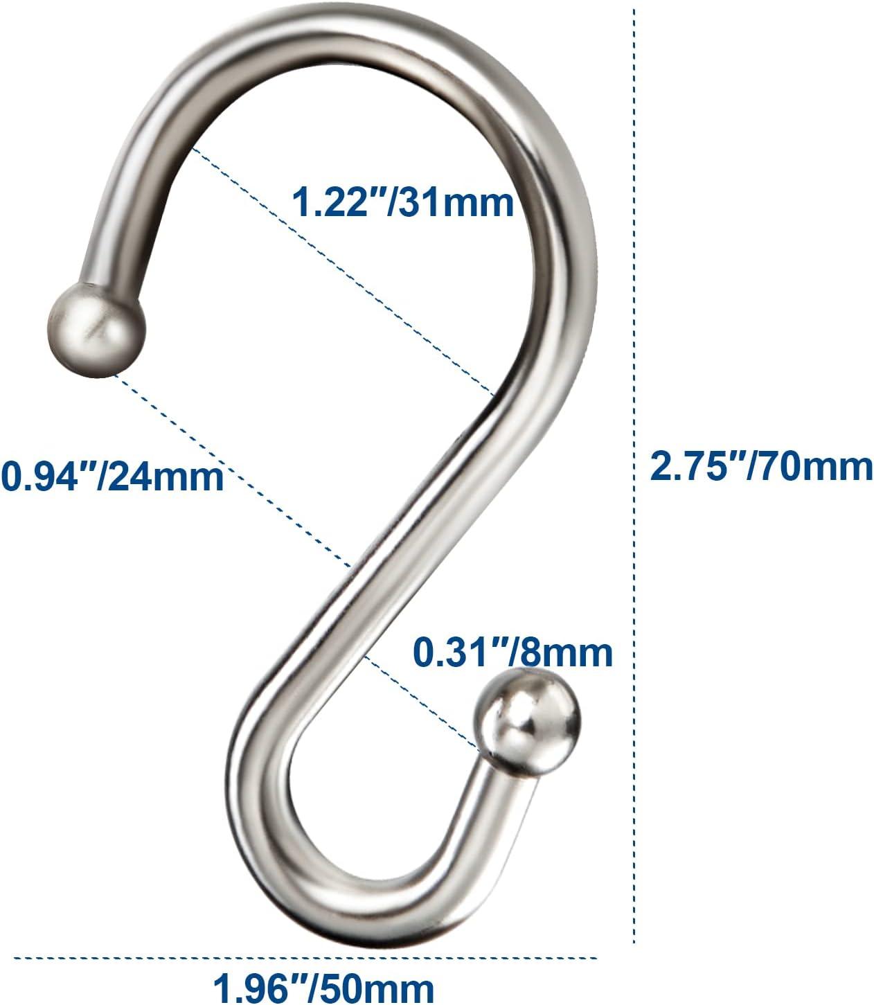 Shower Curtain Hooks Rings, Stainless Steel S Shaped Shower Hooks Rust Proof, Shower Curtain Hangers for Shower Curtain, Kitchen, Wardrobe & Garden,