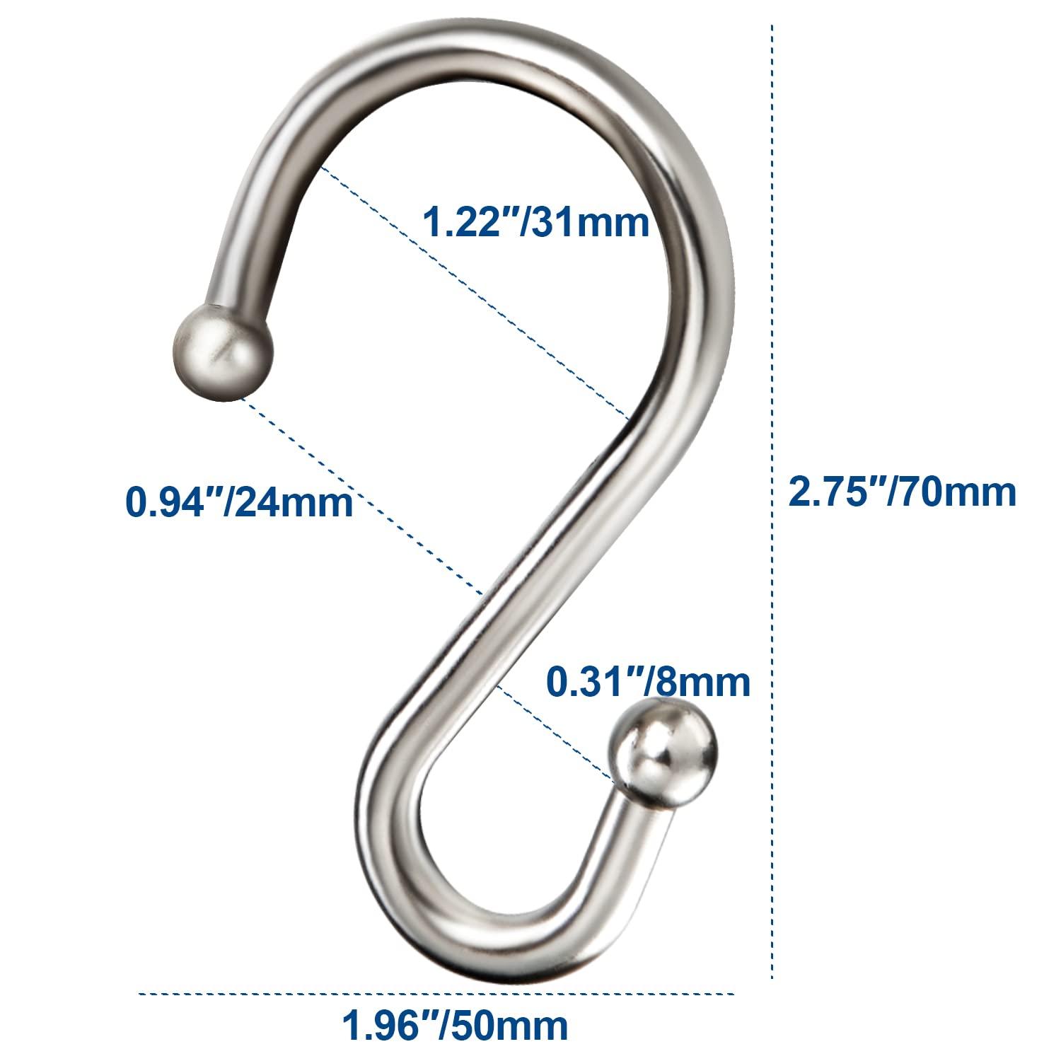 Shower Curtain Hooks Rings, Stainless Steel S Shaped Shower Hooks Rust Proof, Shower Curtain Hangers for Shower Curtain, Kitchen, Wardrobe & Garden,