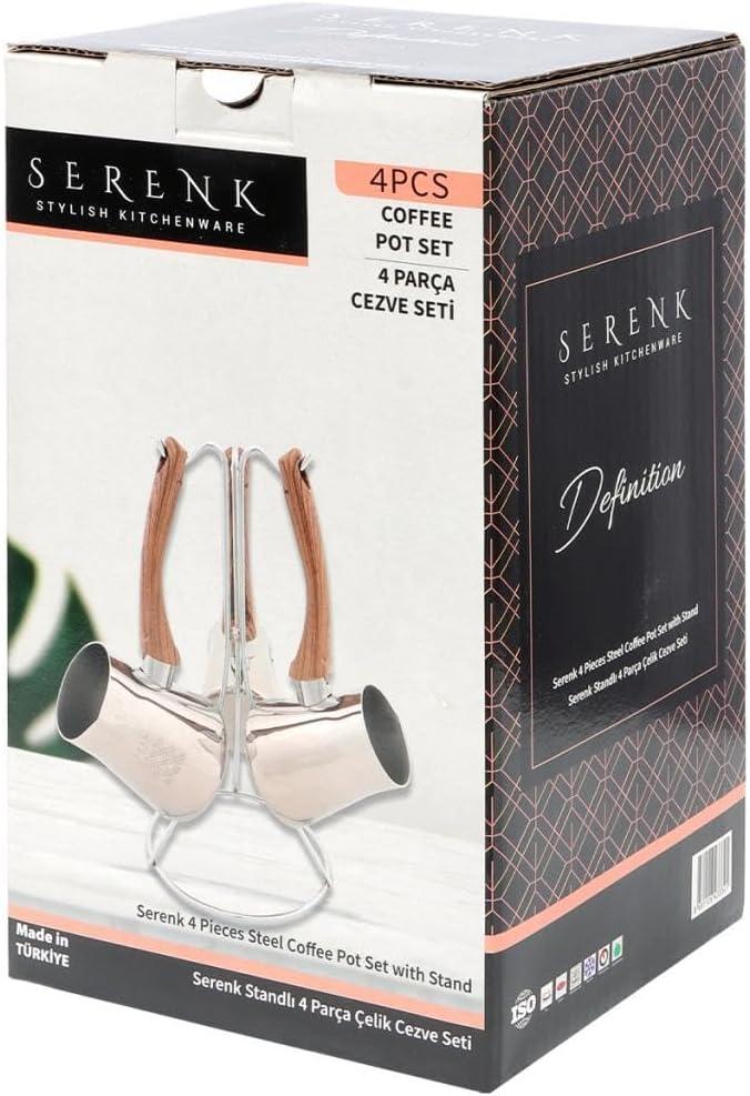 Serenk Turkish Coffee Pot Set, 4-Piece Stainless Steel w/Stand, 2-4 Cup Sizes, 18/10 Steel, Gas Stove Compatible