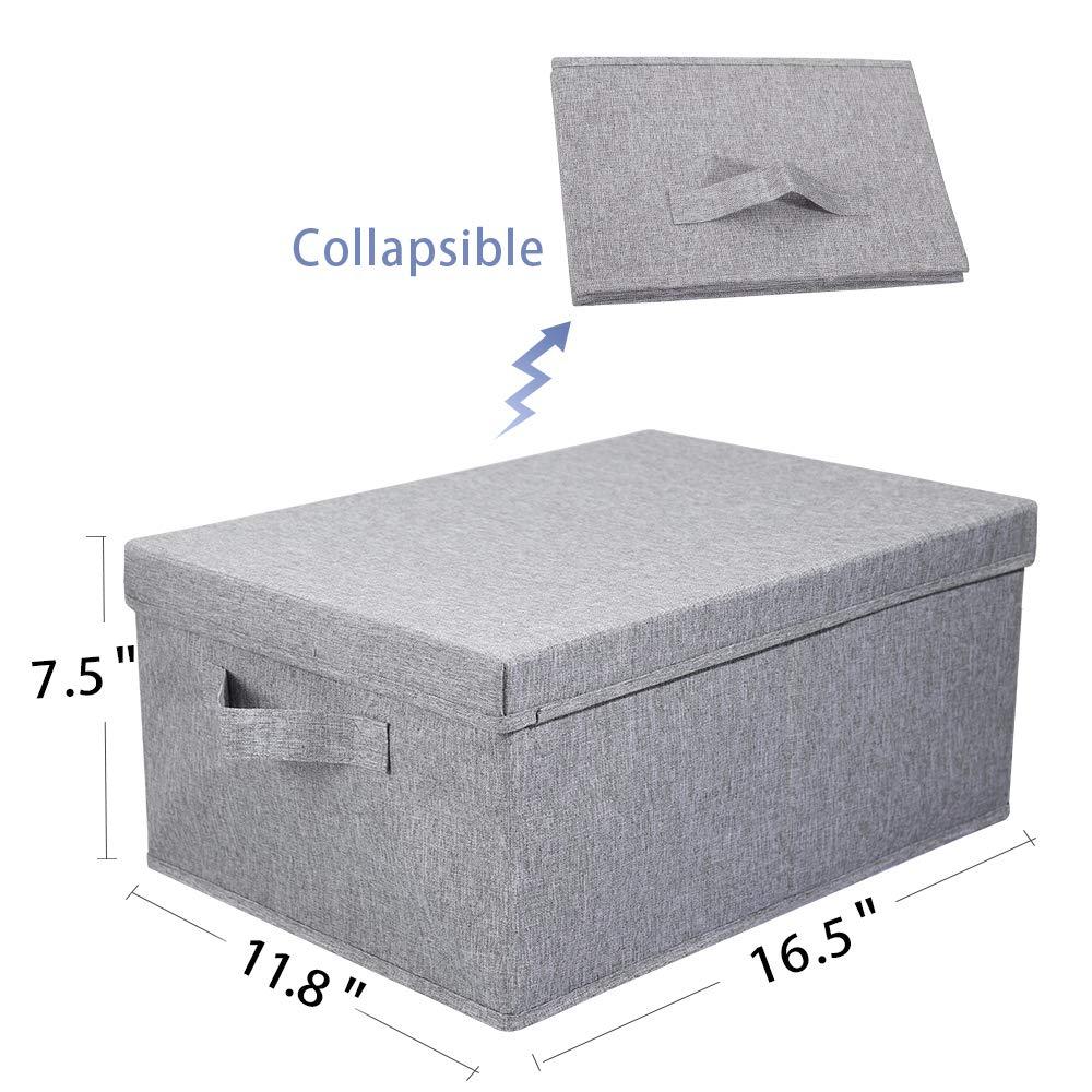 HOONEX Linen Foldable Storage Bins with Lids, 2 Pack, Storage Boxes with Carrying Handles and Sturdy Heavy Cardboard, 16.5" L x 11.8" W x 7.5" H for Shoes, Books, Clothes, Light Grey