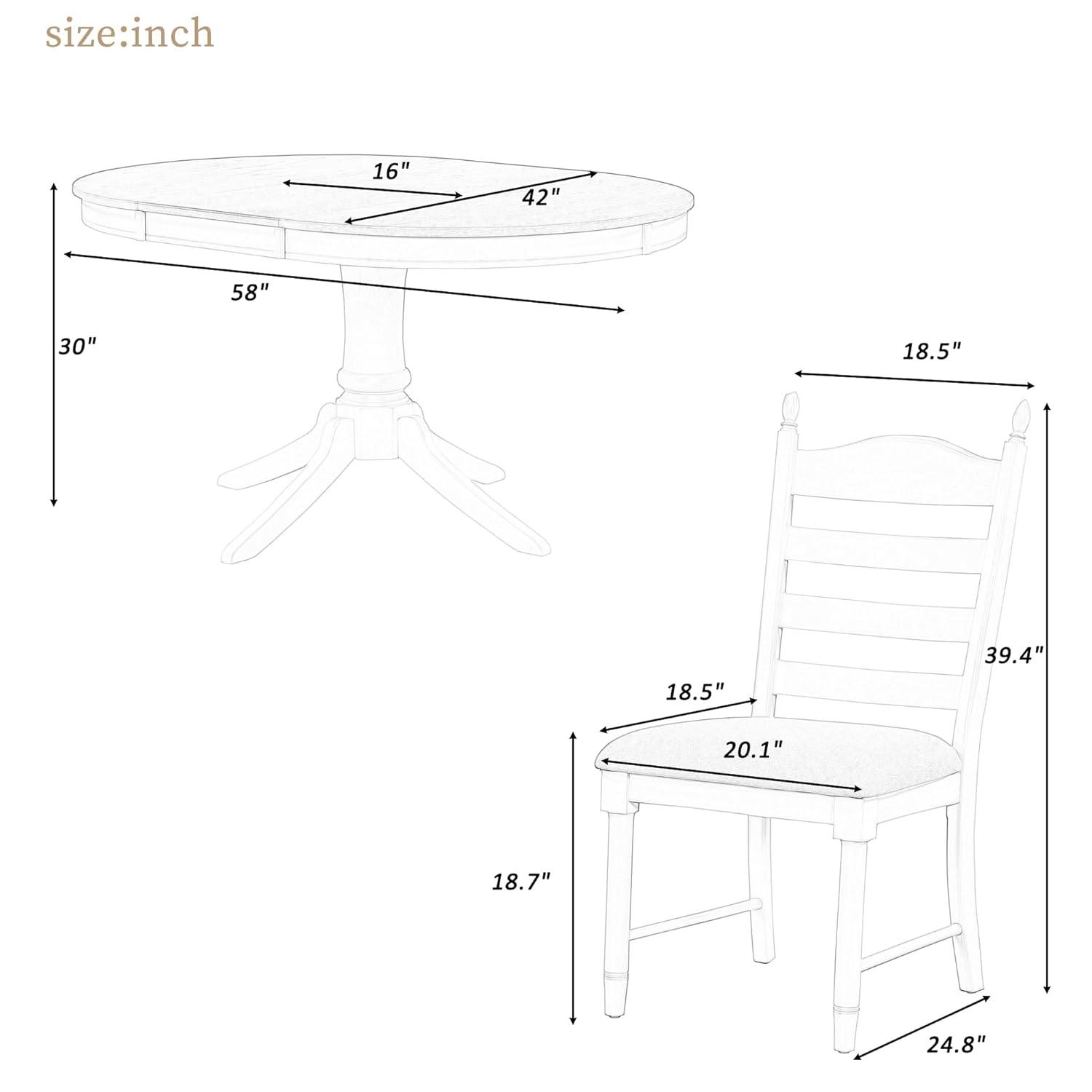 MERITLINE Dining Table Set, 5-Piece Retro Functional Dining Table Set, Wood Round Extendable Dining Table and 4 Upholstered Dining Chairs（Off White）