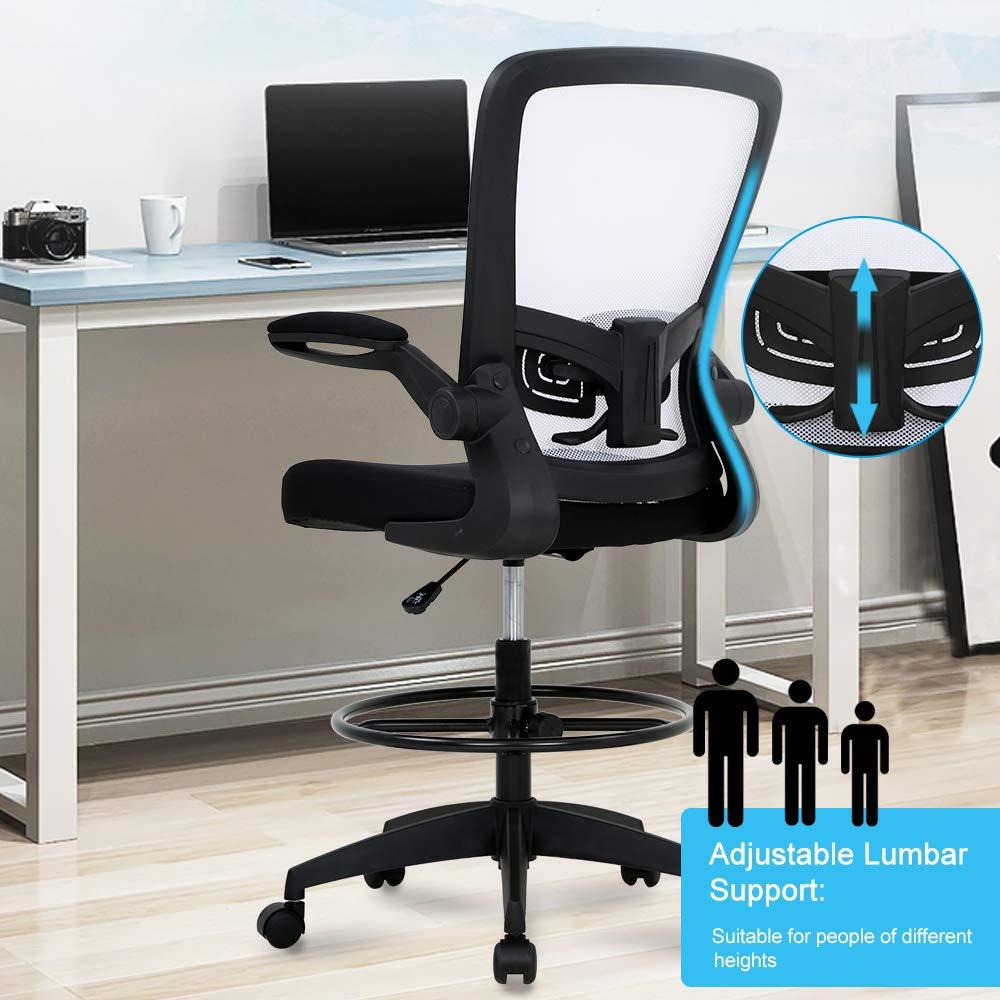 Drafting Chair Tall Office Chair Adjustable Height with Lumbar Support Flip Up Arms Footrest Mid Back Task Mesh Desk Chair Computer Chair Drafting Stool for Standing Desk, Black