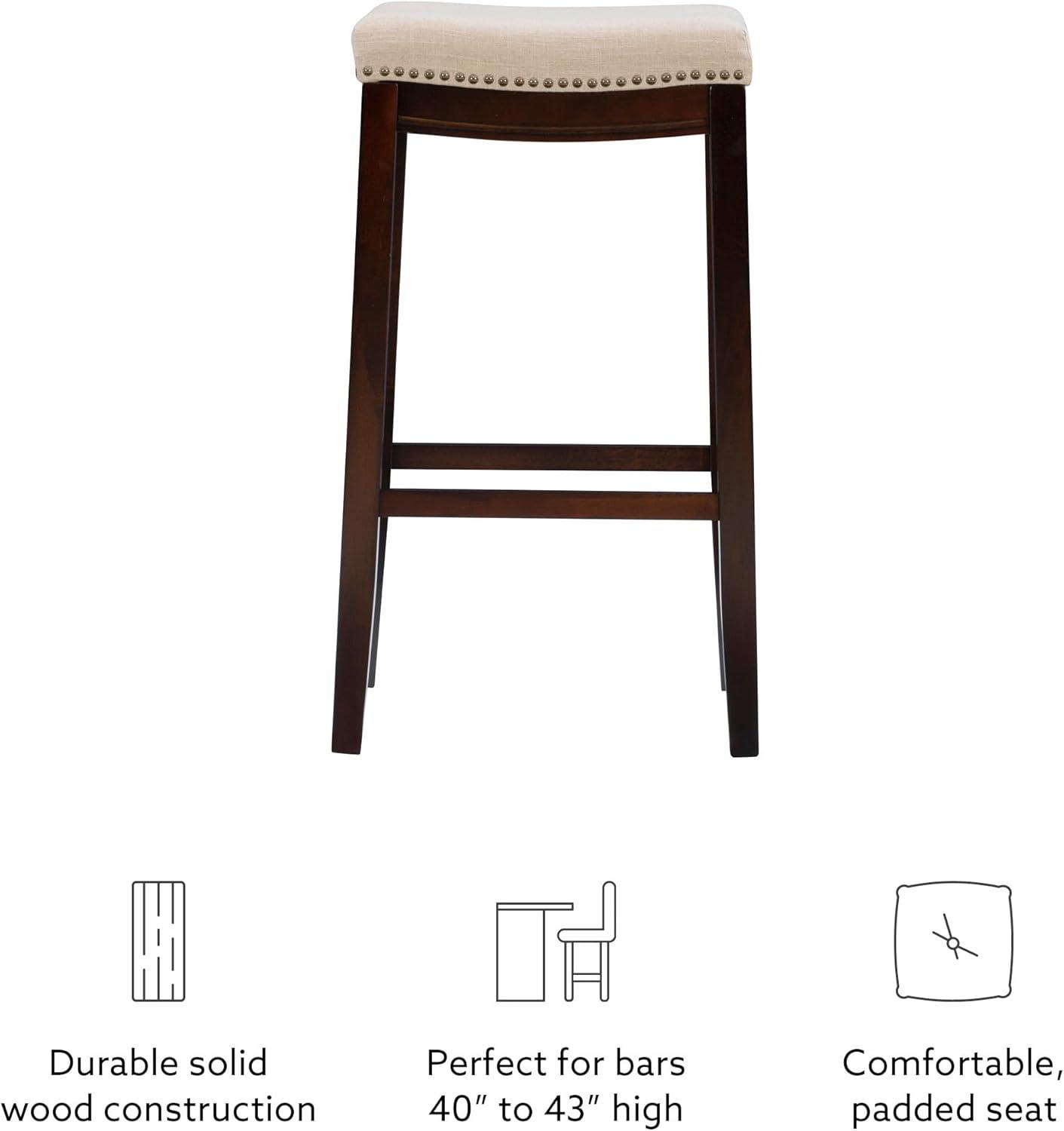 Linon Claridge Backless Wood Counter Stool, 26" Seat Height, Dark Walnut Finish with Beige Linen Fabric