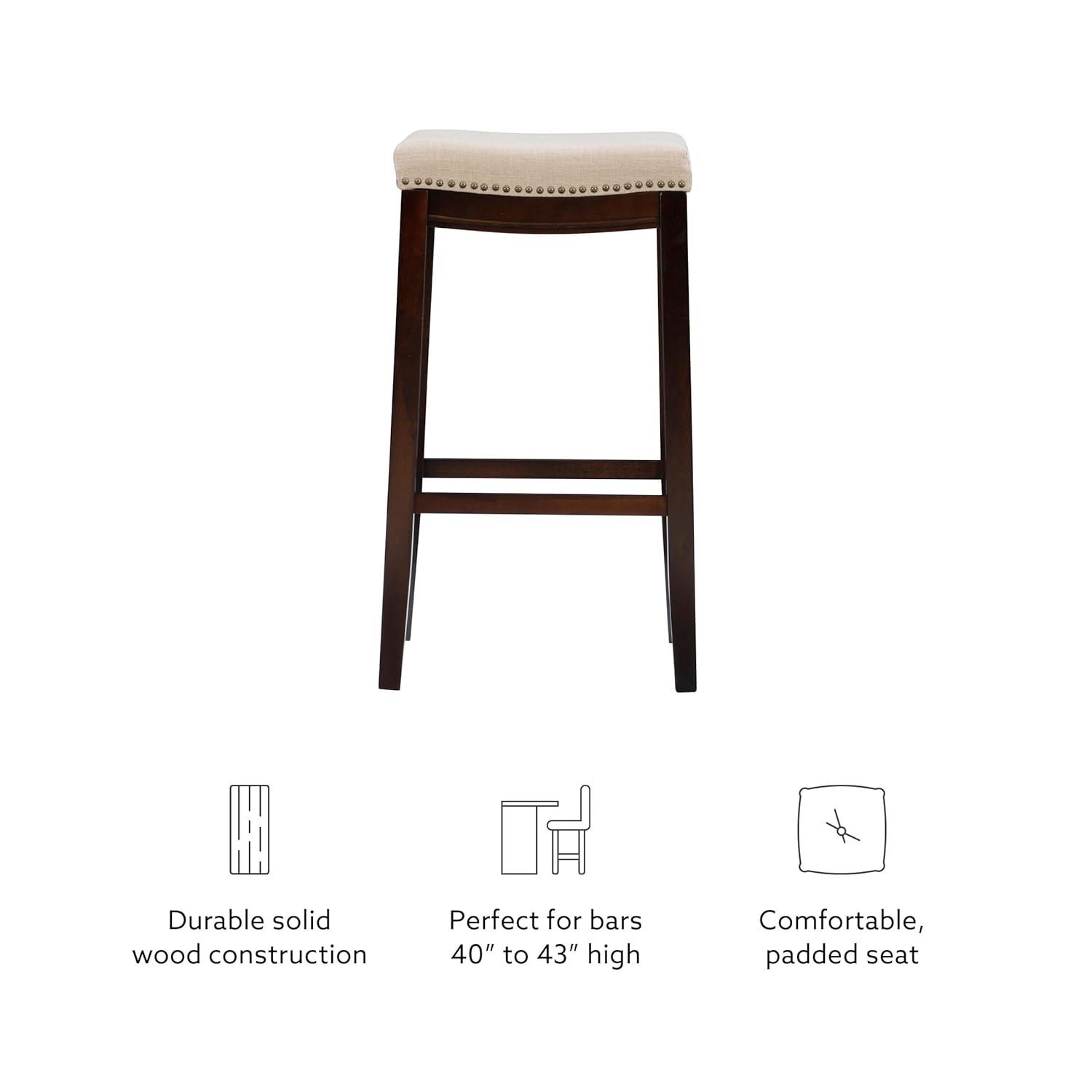 Linon Claridge Backless Nailhead Saddle Barstool Linen: Upholstered, Rubberwood Legs, Fixed Height 32.25"