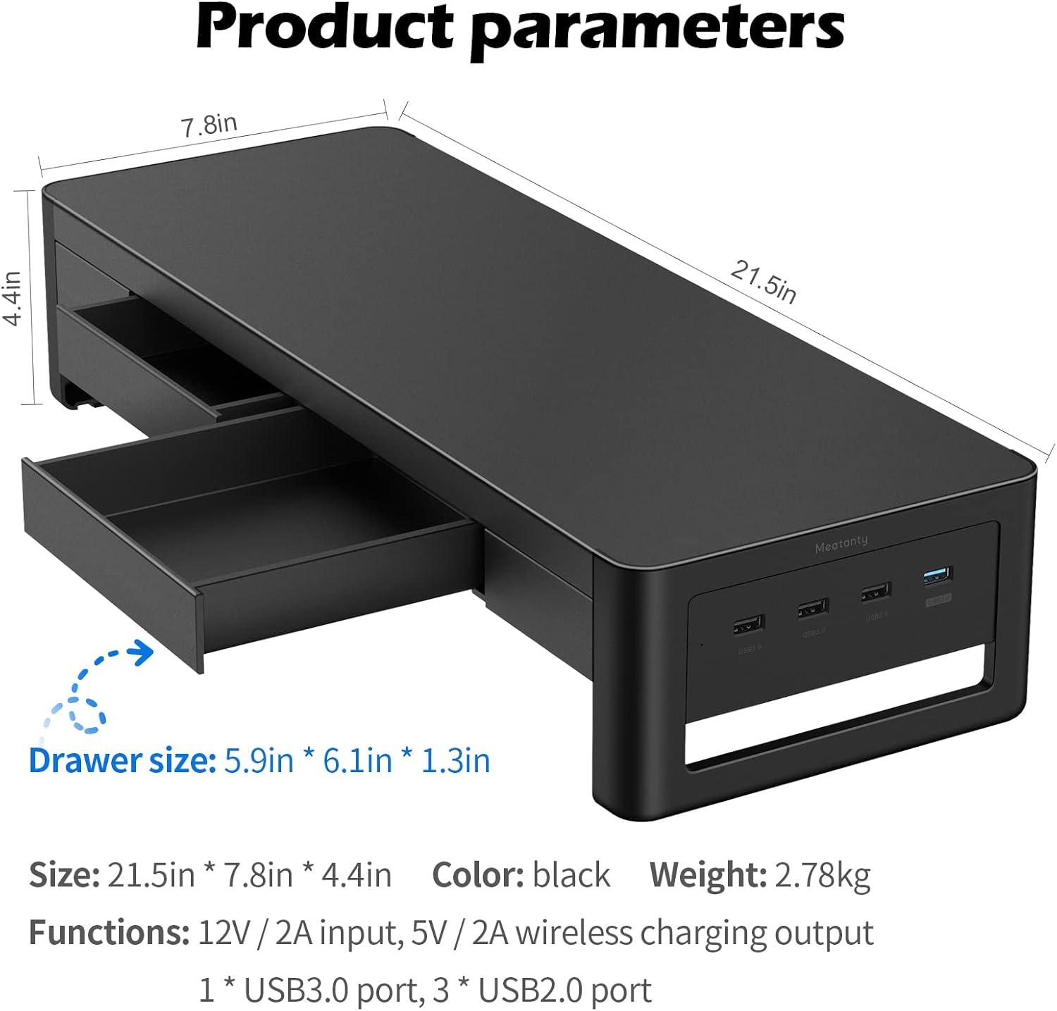 Black Metal Monitor Stand Riser with Storage Drawers and USB Ports