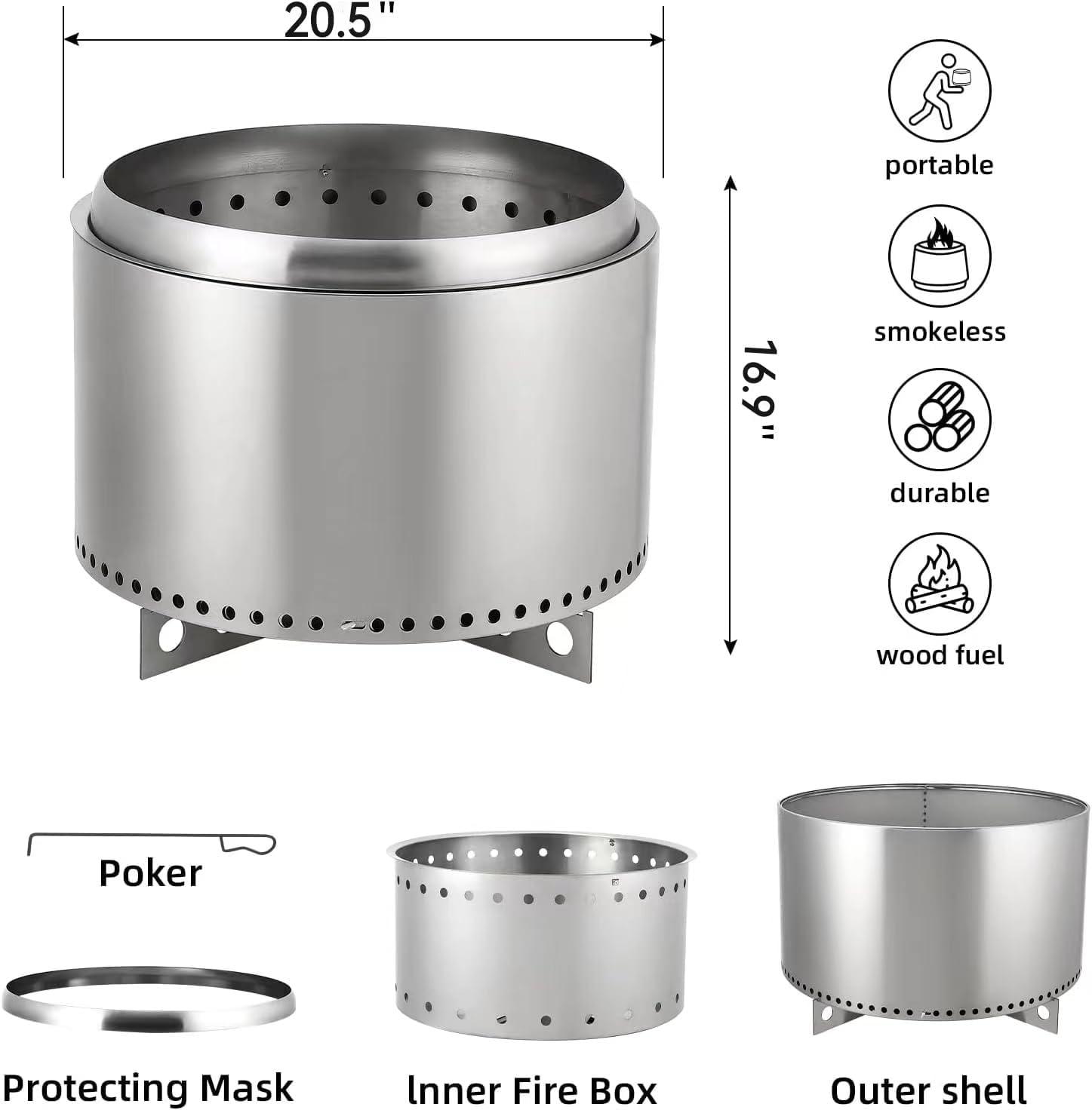 20.5" Silver Stainless Steel Smokeless Fire Pit with Stand