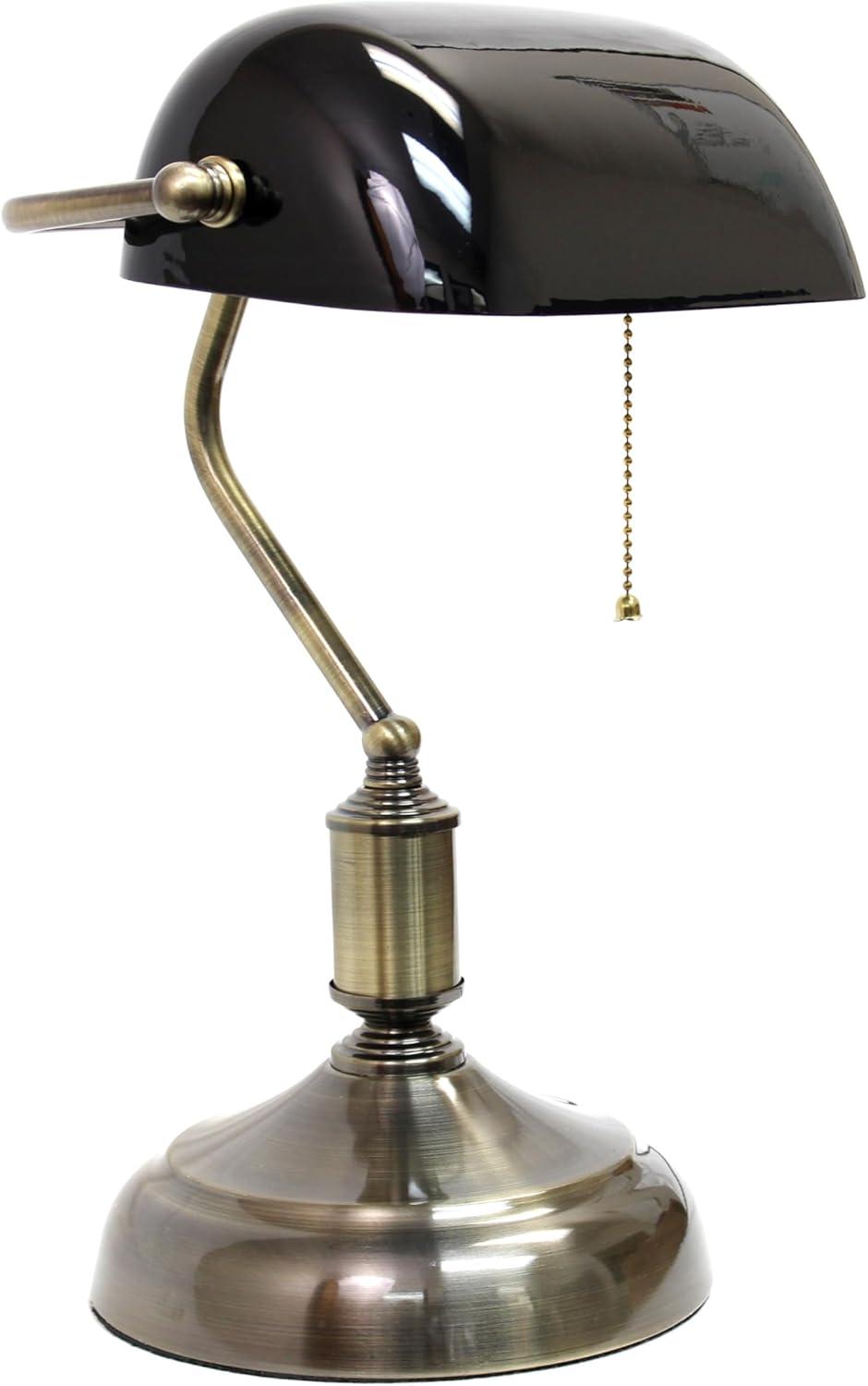 Executive Banker's Desk Lamp with Glass Shade Black - Simple Designs: ETL Listed, Metal Body, Pull Chain