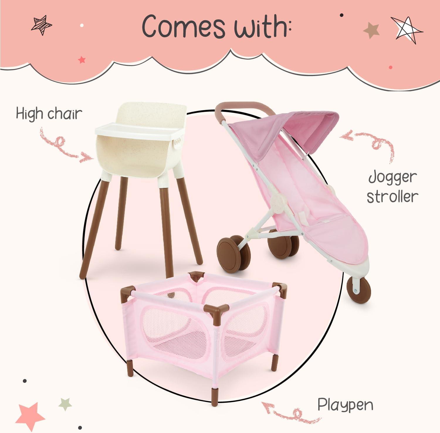 LullaBaby Pale Pink and Brown Doll Nursery Playset with High Chair, Playpen & Stroller