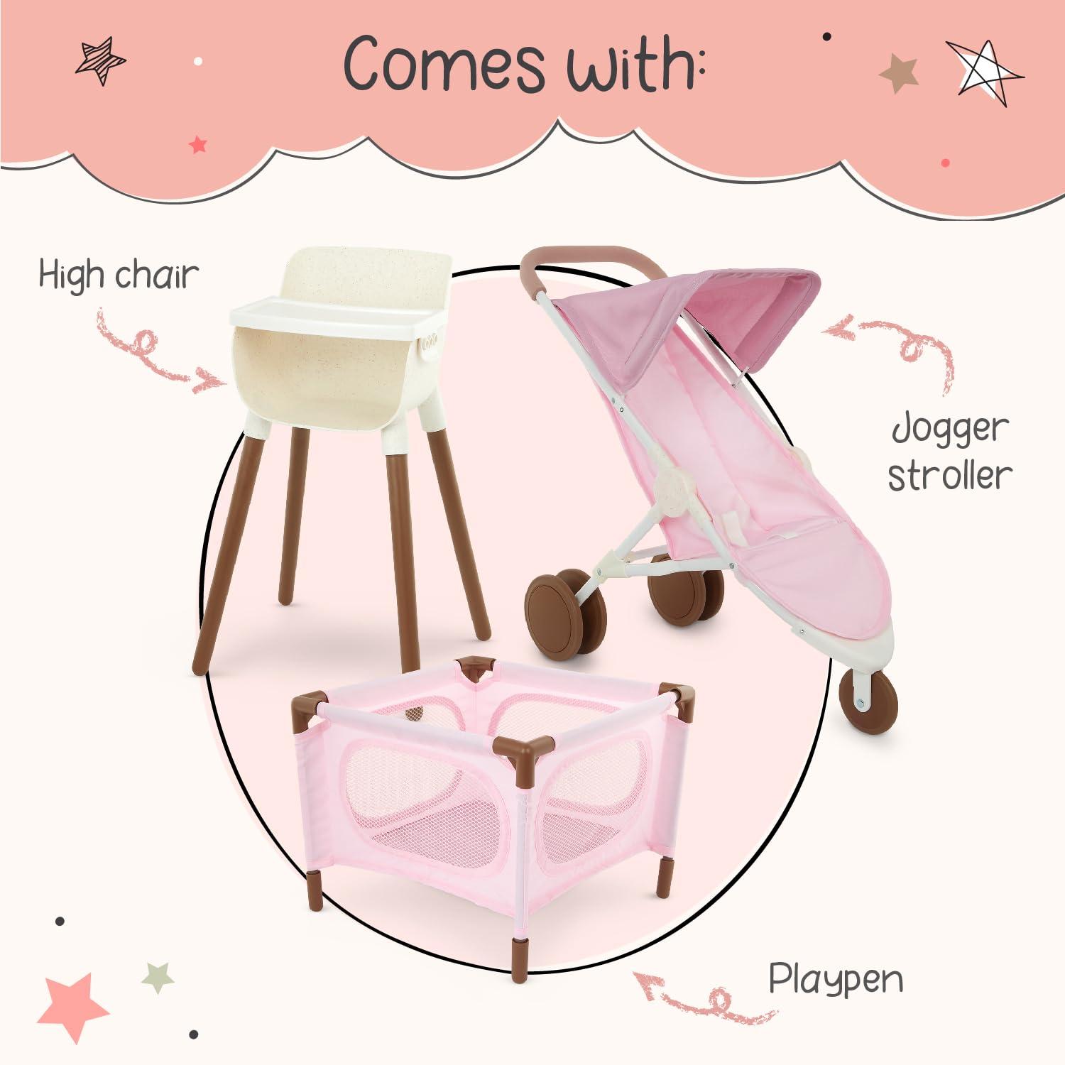 LullaBaby Pale Pink and Brown Doll Nursery Playset with High Chair, Playpen & Stroller