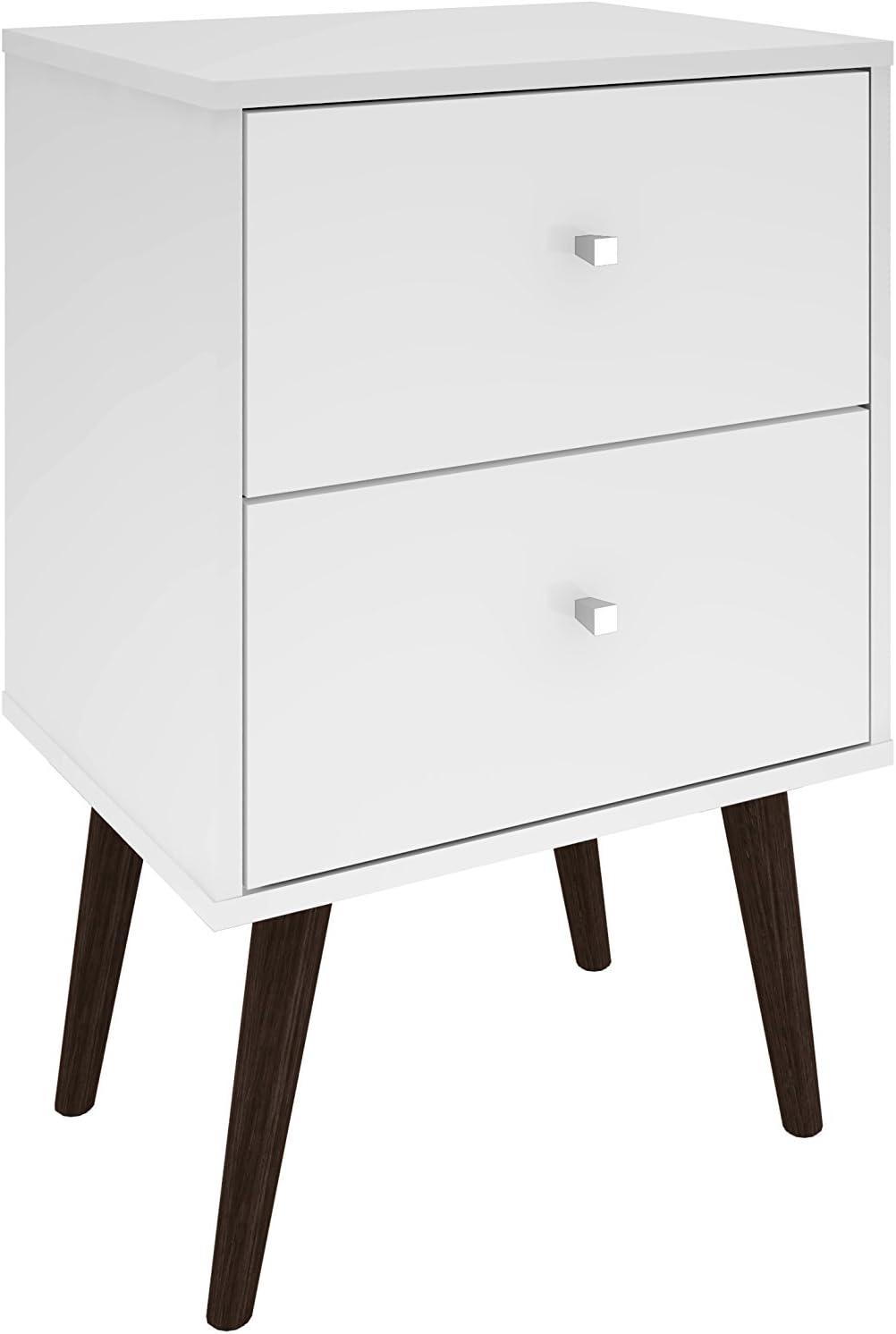 Mid-Century Modern White Gloss Nightstand with Metal Handles and Storage