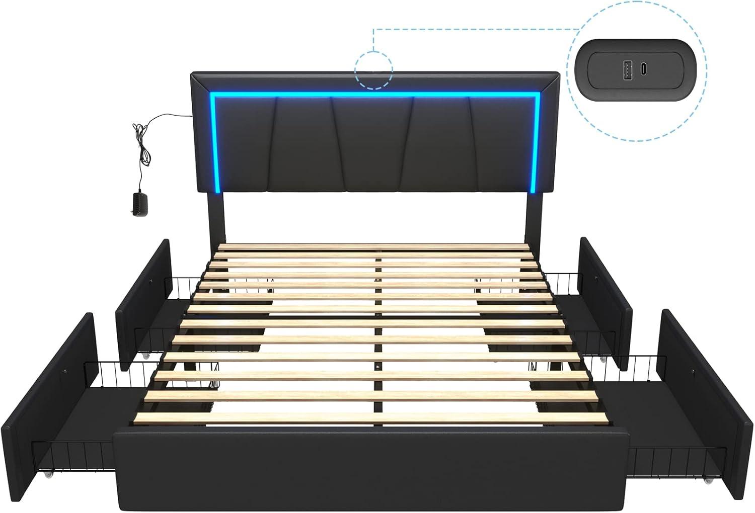 Full Size Led Bed Frame with Charging Station&LED Lights Modern Faux Leather Upholstered Platform Bed Frame with Adjustable Headboard&4 Storage Drawers, Black