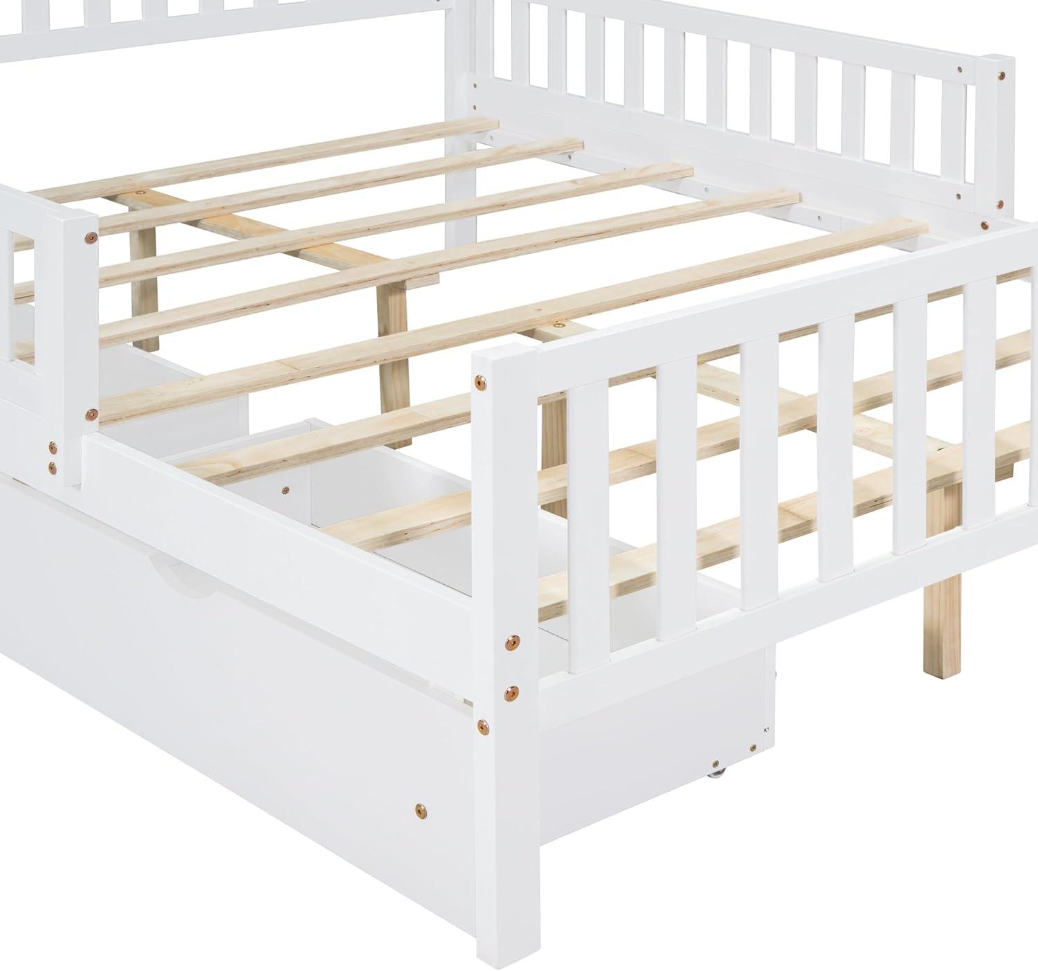 Kids Full Bed with Guardrails, Low Platform Bed with Headboard and Footboard, White Children Bed Frame with 2 Drawers for Boy Girl