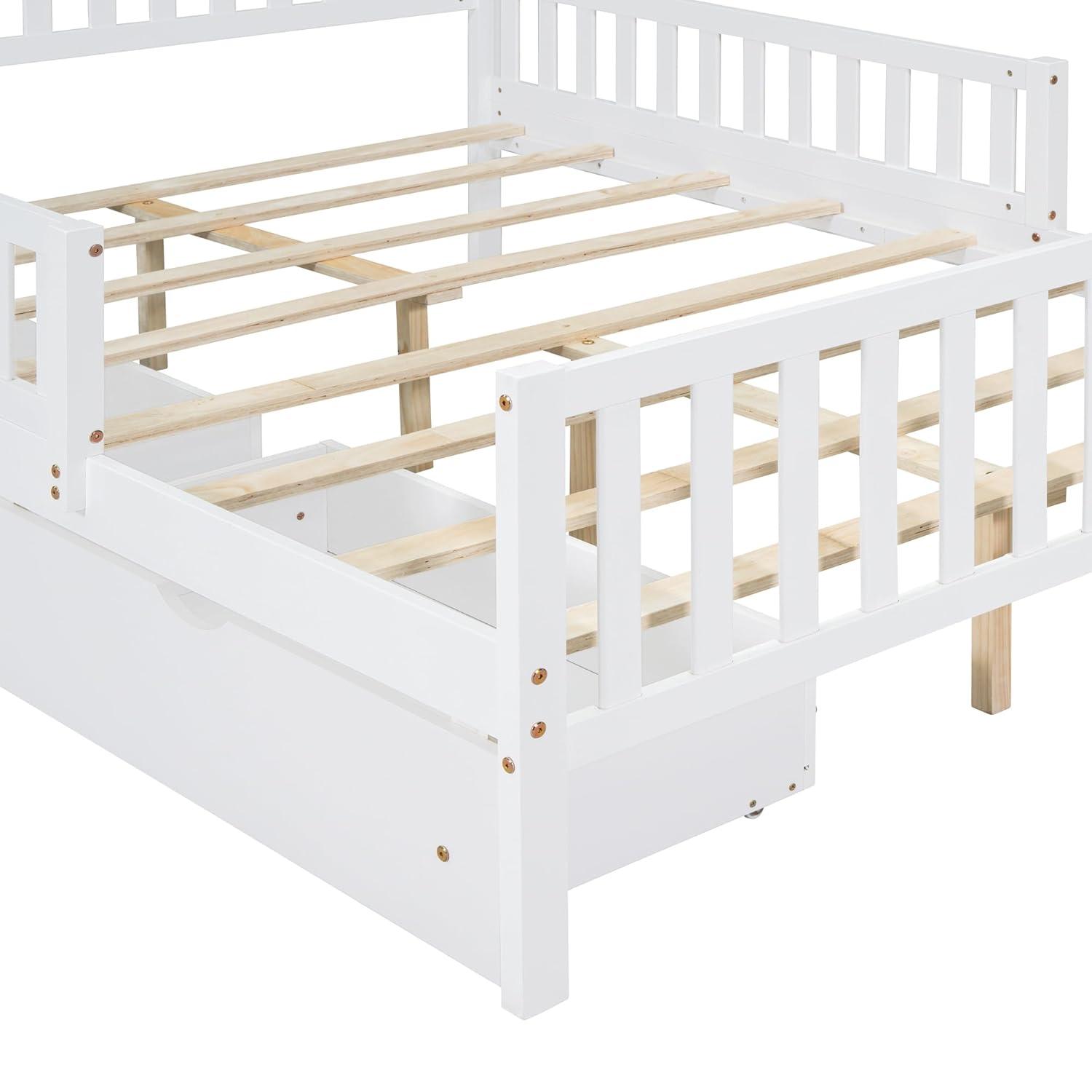Kids Full Bed with Guardrails, Low Platform Bed with Headboard and Footboard, White Children Bed Frame with 2 Drawers for Boy Girl