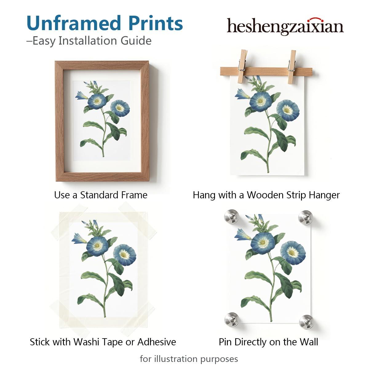 Blue Flower Canvas Wall Art Print, Vintage Floral Botanical Decor Antique Botany Poster, Blue Tone Morning Glory Water Lily Hyacinth Gentian Decorate for Office, Set of 4 ,8 X 10 In Unframed