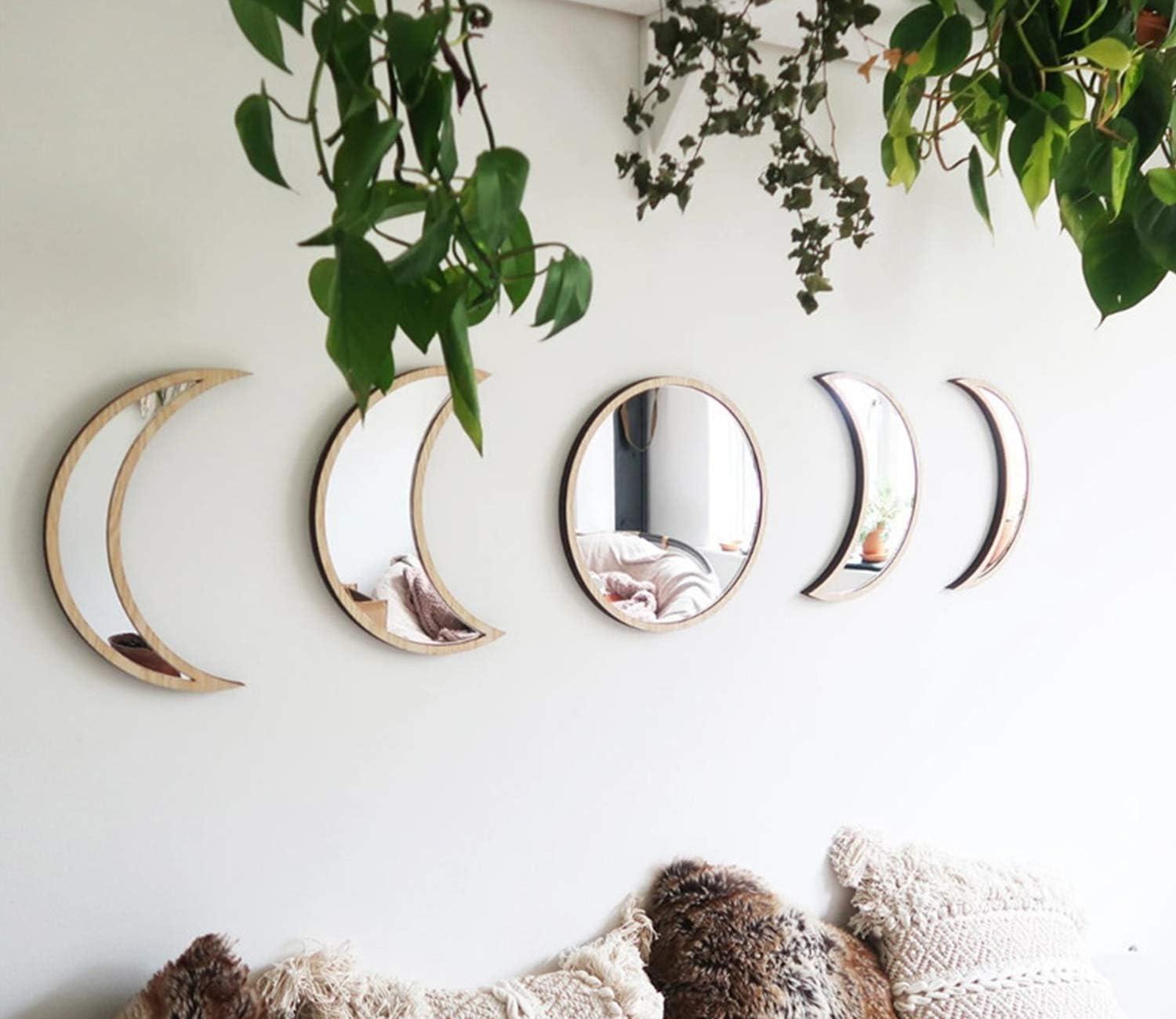 YUBAIHUI 5pcs Boho Home Wall Decor Moon Phase Decorative Mirror Set Acrylic Bedroom Bohemian Decoration Self Adhesive Ornament Living Room Decor (Beige)