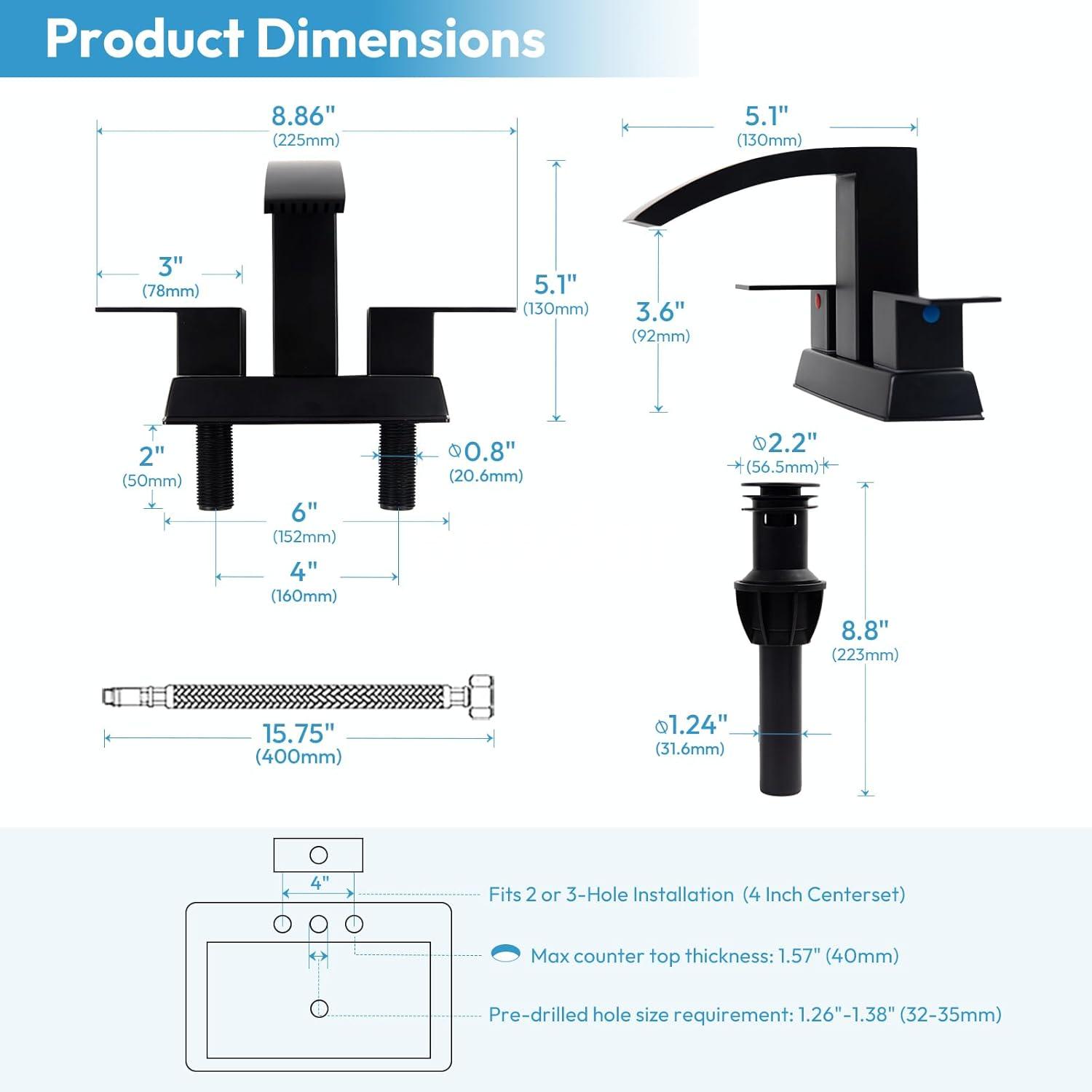 Matt Black Bathroom Sink Faucet 4 inch Bathroom Faucets for Sink 2-Handle Faucet with Pop-up Drain Vanity Faucet Modern