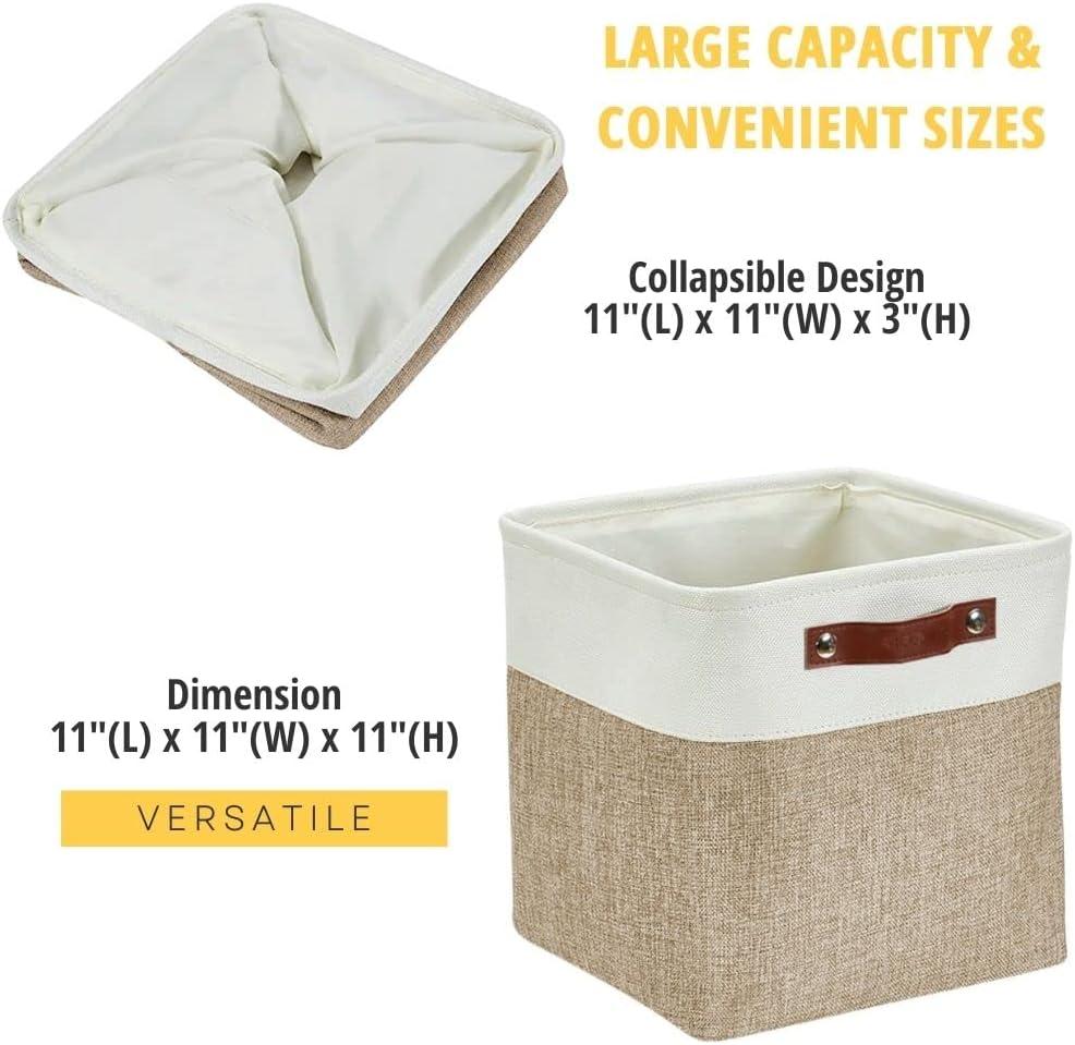 Beige and White Rectangular Fabric Storage Bins with Handles