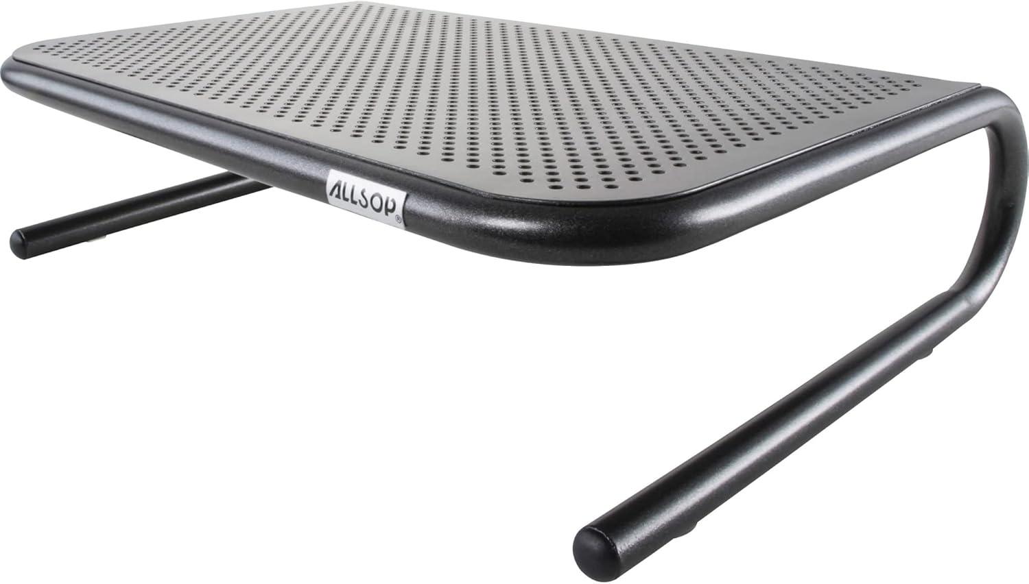 Pearl Black Steel Ergonomic Monitor Stand with Keyboard Storage