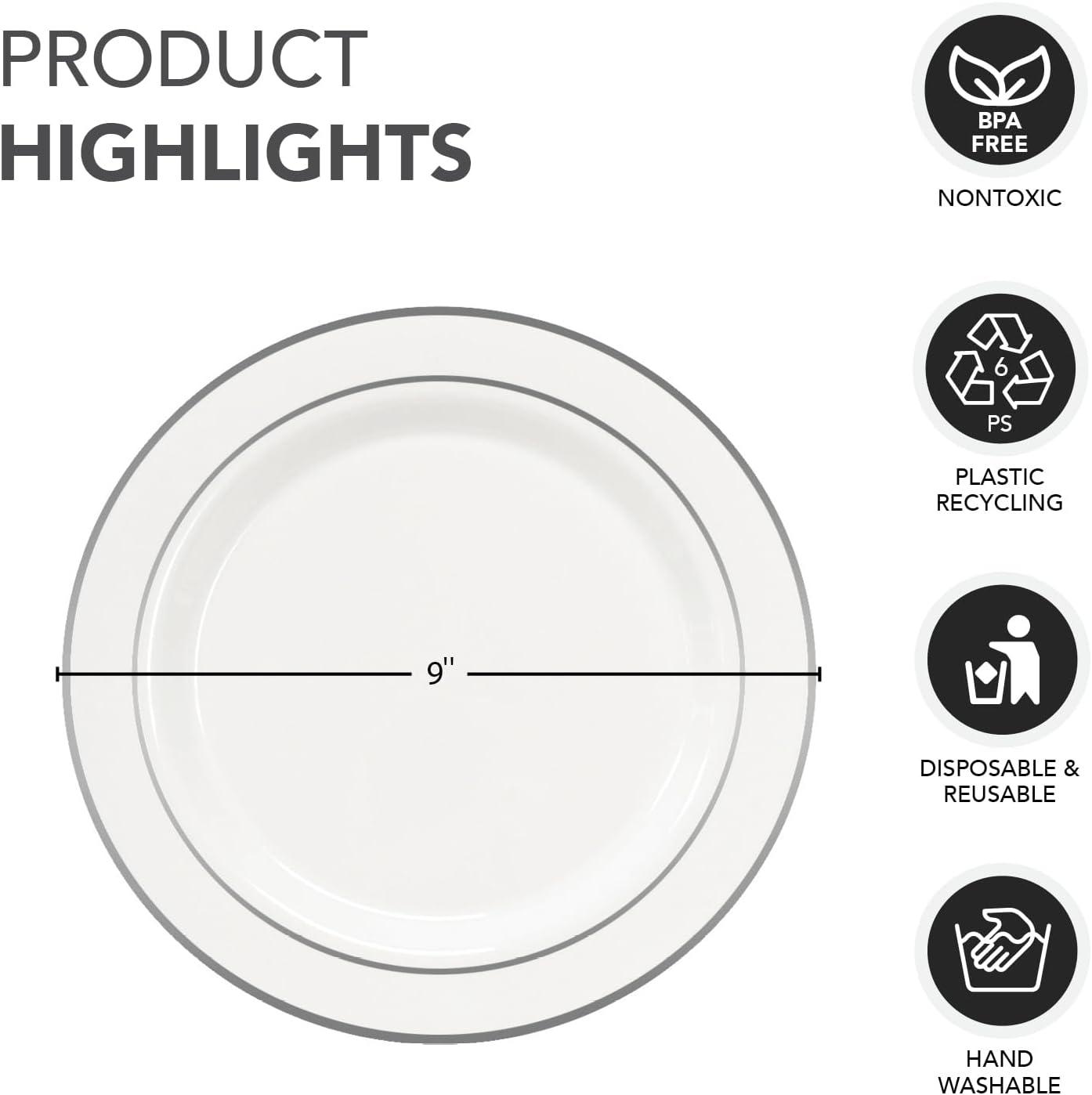 Party Essentials 12-Count Hard Plastic 9" Divine Dinnerware Disposable China Lunch/Dinner Plates, White with Silver Band