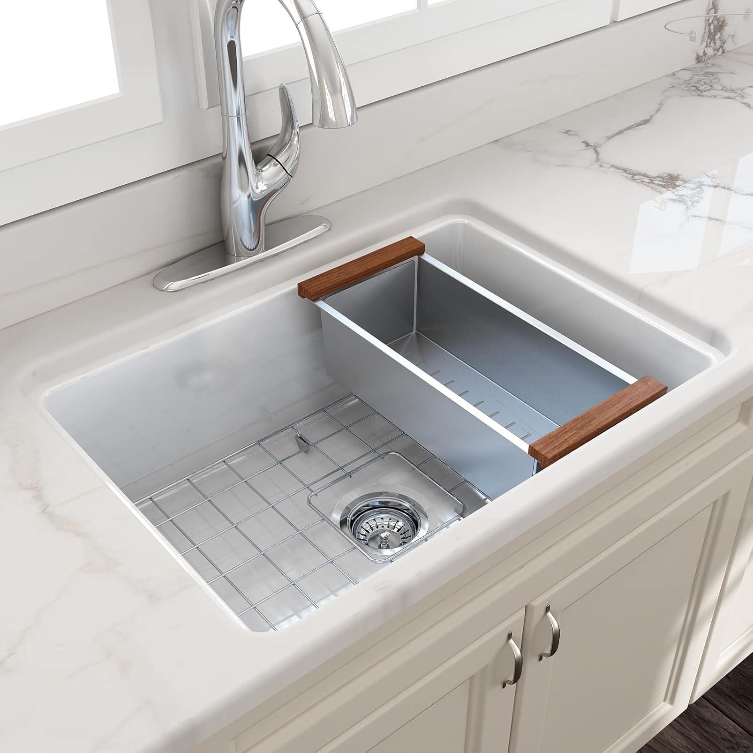 Glossy White Fireclay Farmhouse Drop-In Single Bowl Sink Kit