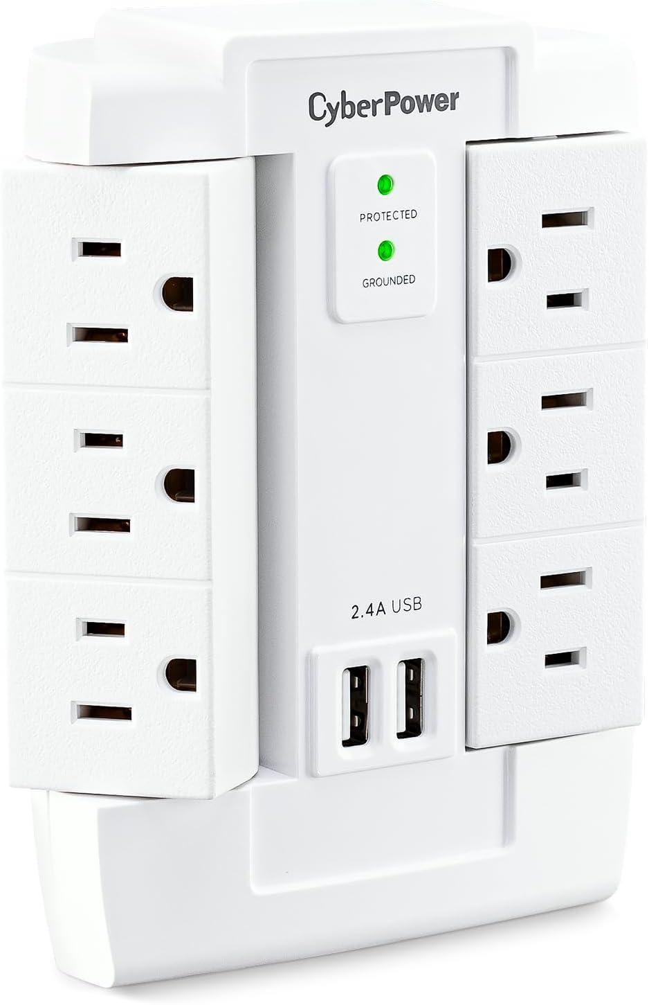 White 6-Outlet Swivel Surge Protector with USB Ports