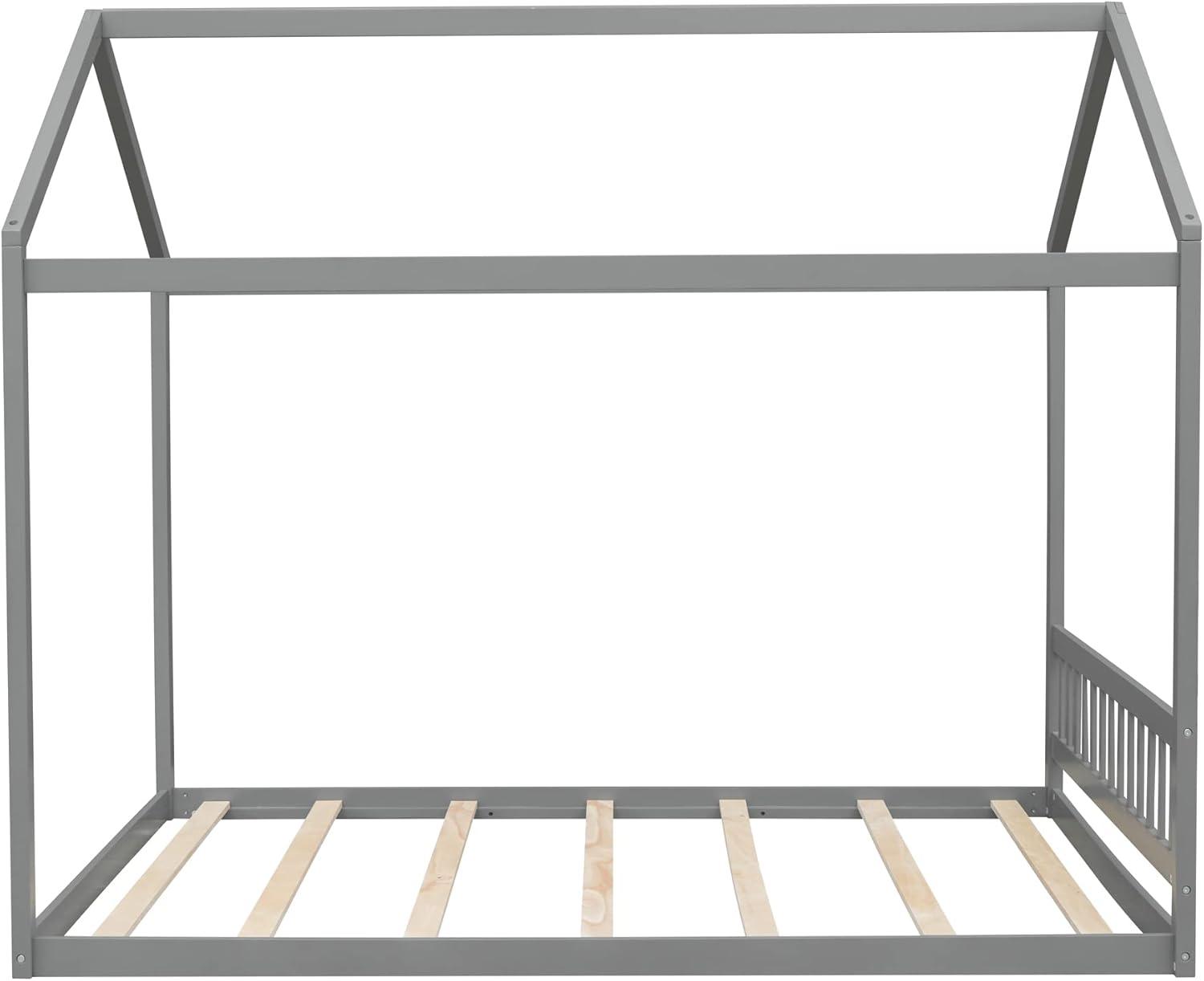 Queen House Bed with Roof Wood Montessori Floor Beds for Kids Wood House Floor Bed Frame for Girls Boys Teens Adults, No Spring Box Needed, Gray