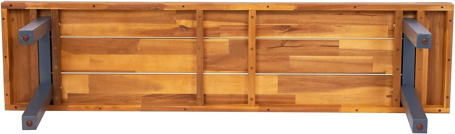 Flash Furniture Martindale Solid Acacia Wood Patio Dining Bench for 2 with Slatted Top and Black Flared Wooden Legs in a Natural Finish