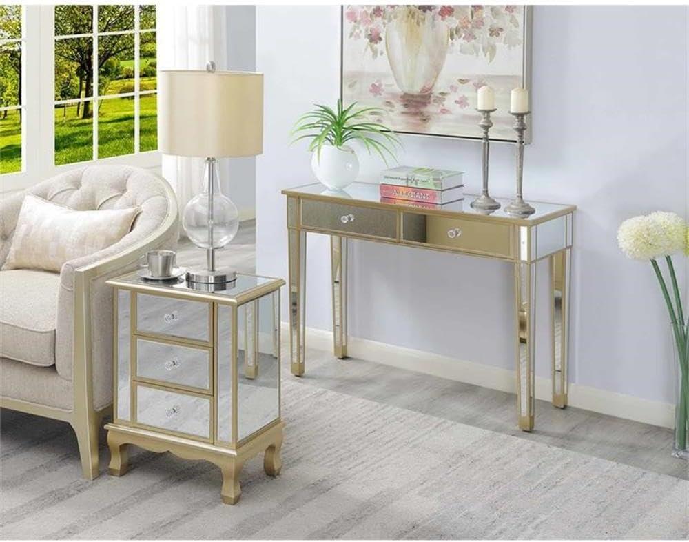 Gold Coast Vineyard 3 Drawer Mirrored End Table In White Wood and Mirrored Glass