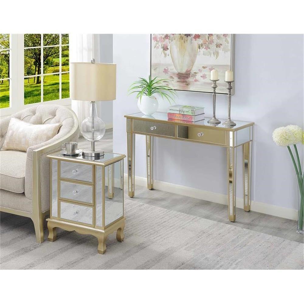 Gold Coast Vineyard 3 Drawer Mirrored End Table In White Wood and Mirrored Glass