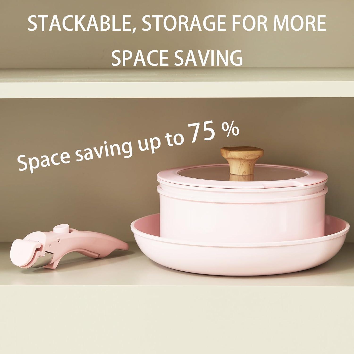 Hausfrau Pink Ceramic Non-Stick Cookware Set with Removable Handle