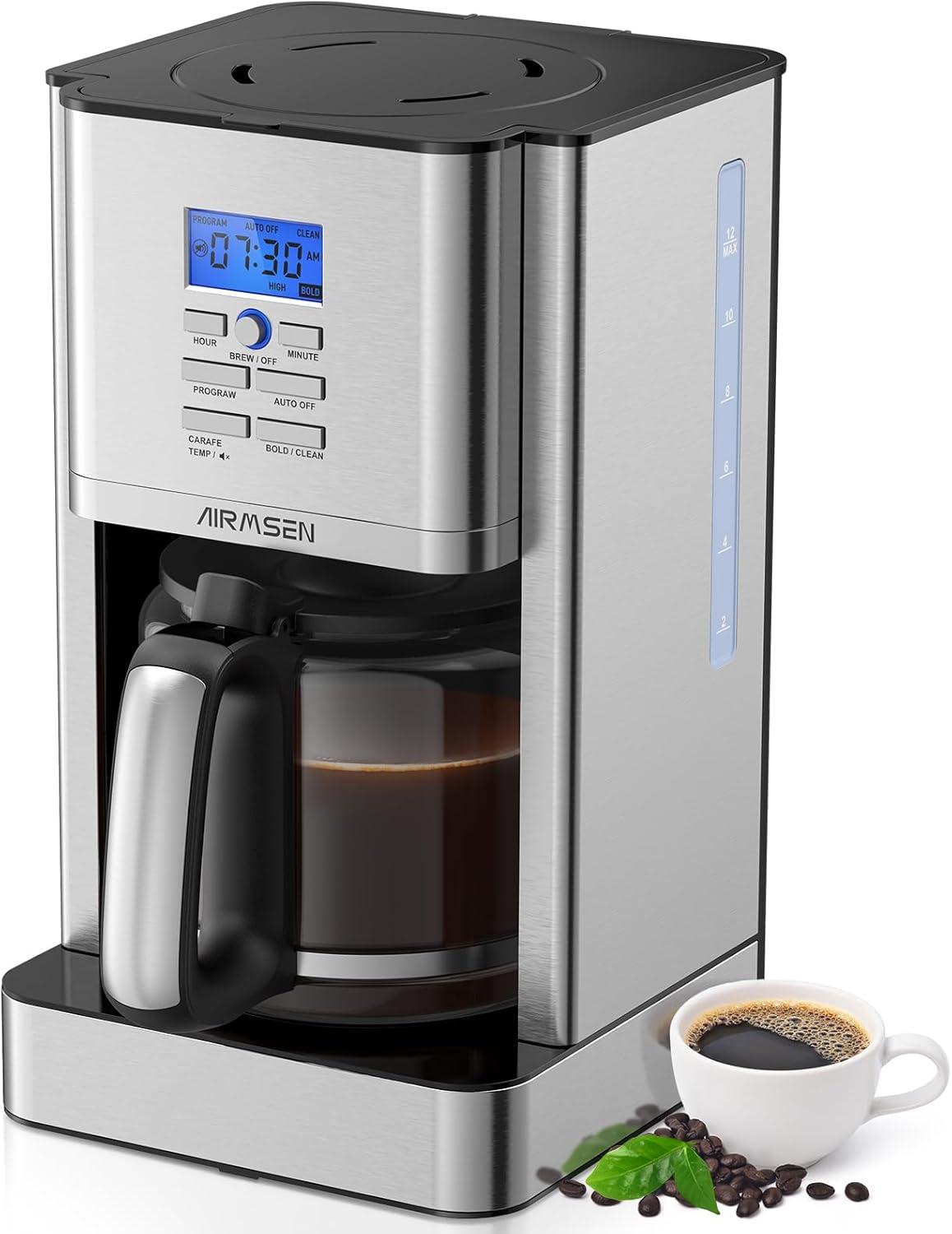 AIRMSEN Stainless Steel 12 Cup Drip Coffee Maker, Programmable Coffee Machine Self-Cleaning