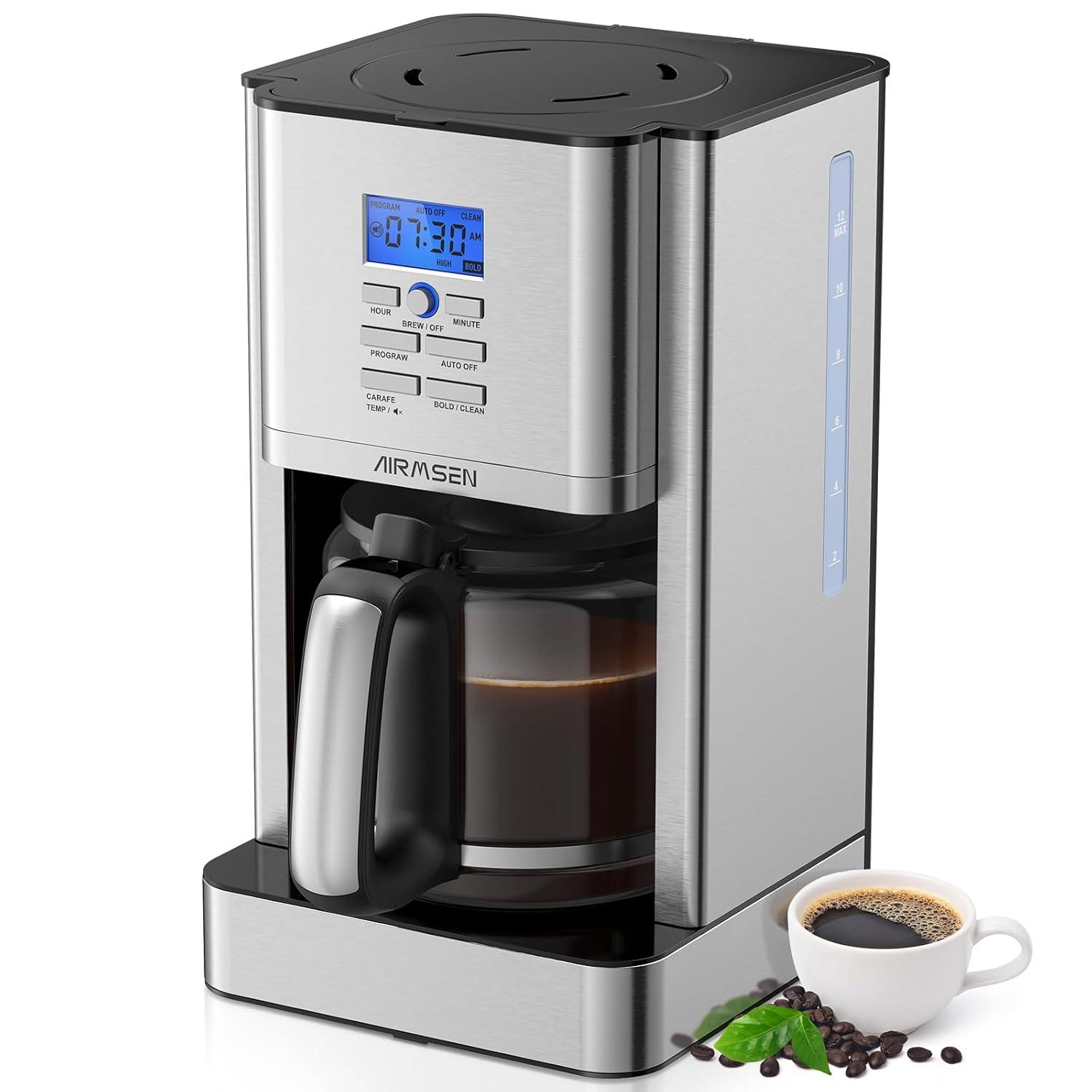 AIRMSEN Stainless Steel 12 Cup Drip Coffee Maker, Programmable Coffee Machine Self-Cleaning