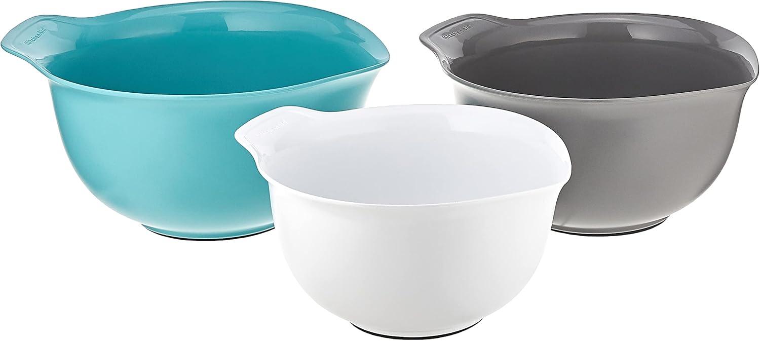 Aqua Sky, White, and Gray Plastic Mixing Bowl Set of 3