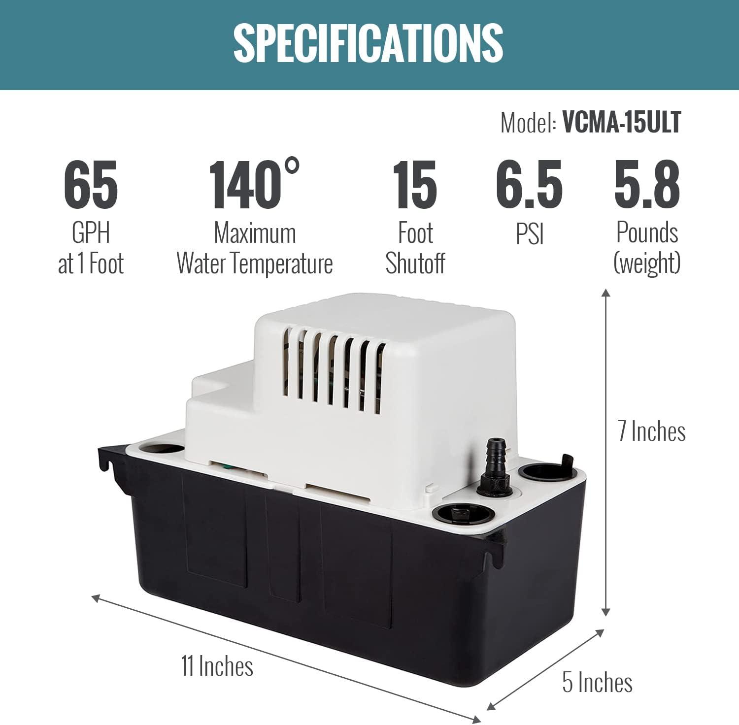 Little Giant VCMA-15ULT 115 Volt, 65 GPH, 1/50 HP Automatic Condensate Removal Pump with Tubing (no safety switch), Black/White