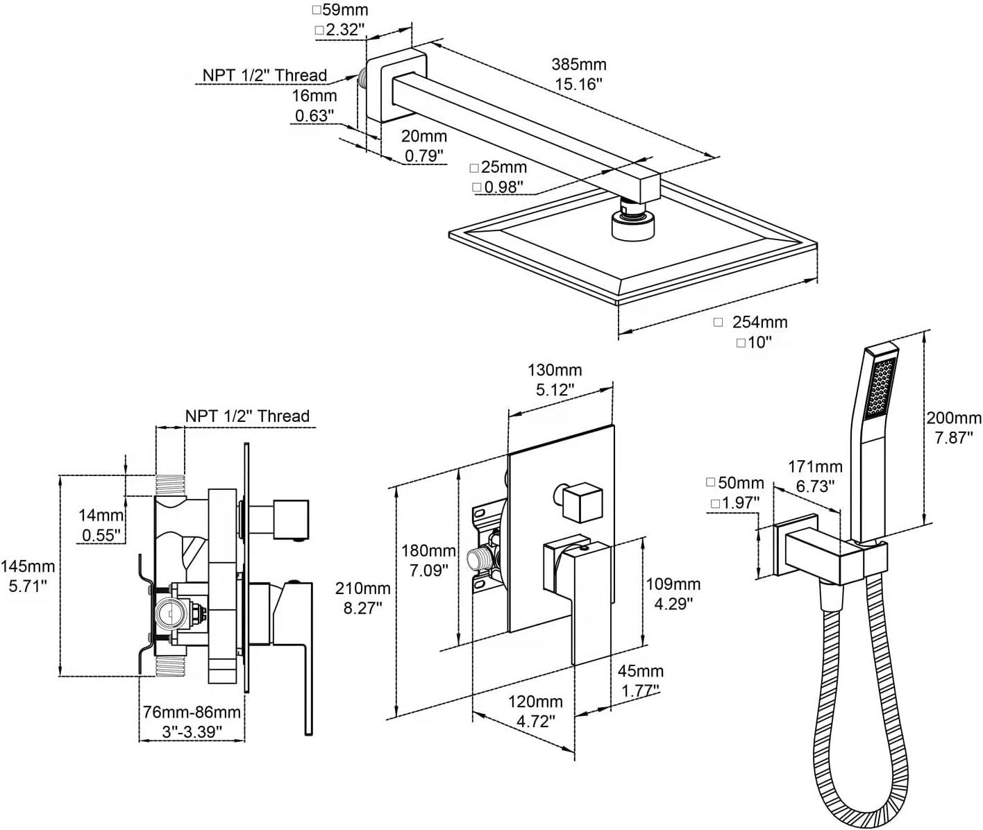 Chrome 10" Rainfall Shower System with Handheld and Wall Mount