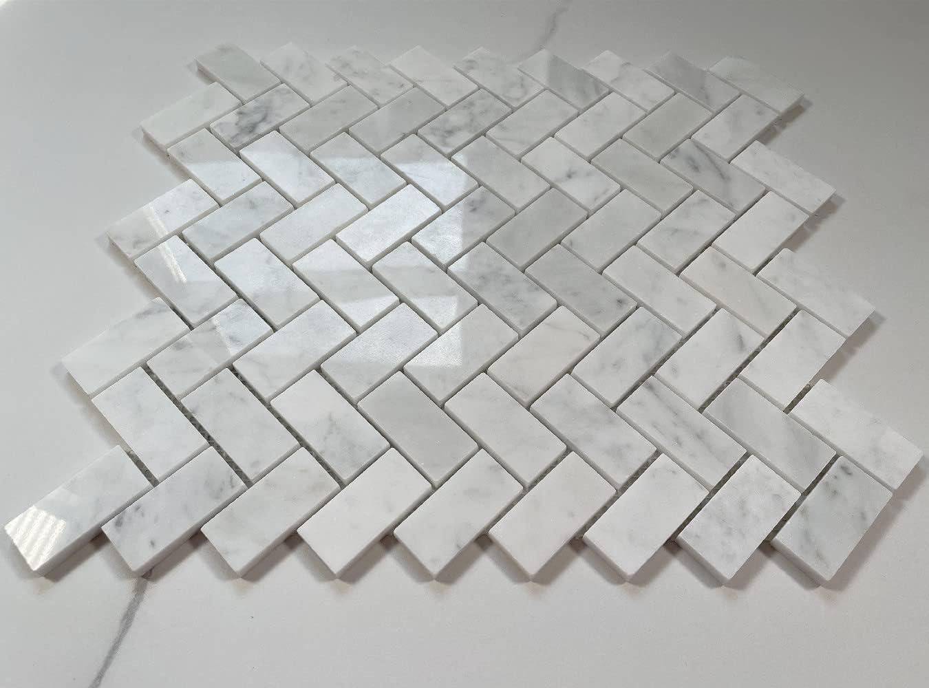 Carrara White Marble Herringbone Mosaic Tile Sheet