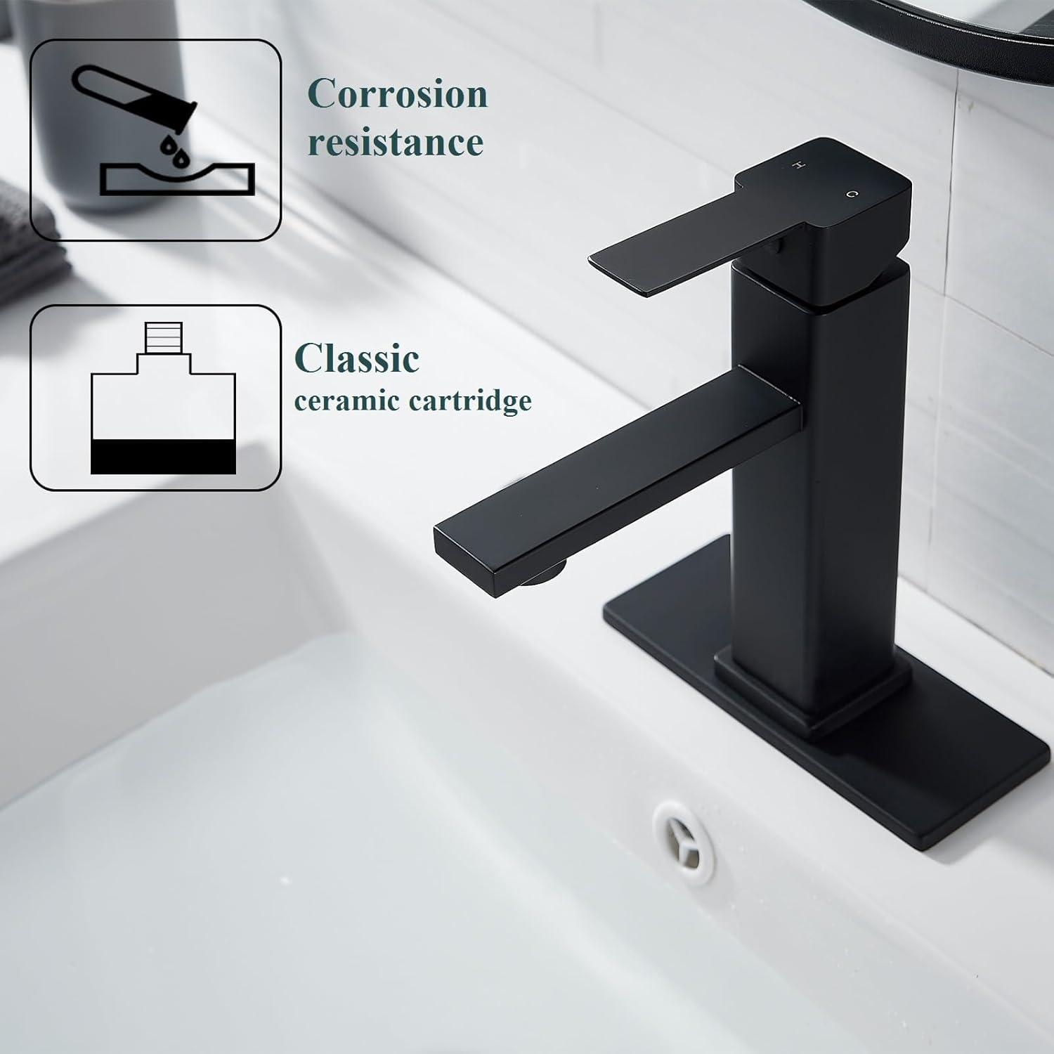 Black Bathroom Faucet with Sink Pop up Drain,Stainless Steel Bathroom Faucets for Sink 1 or 3 Holes, Matte Black Vanity RV Lavatory Faucet with Single Handle, Deck Plate, Water Supply Hoses