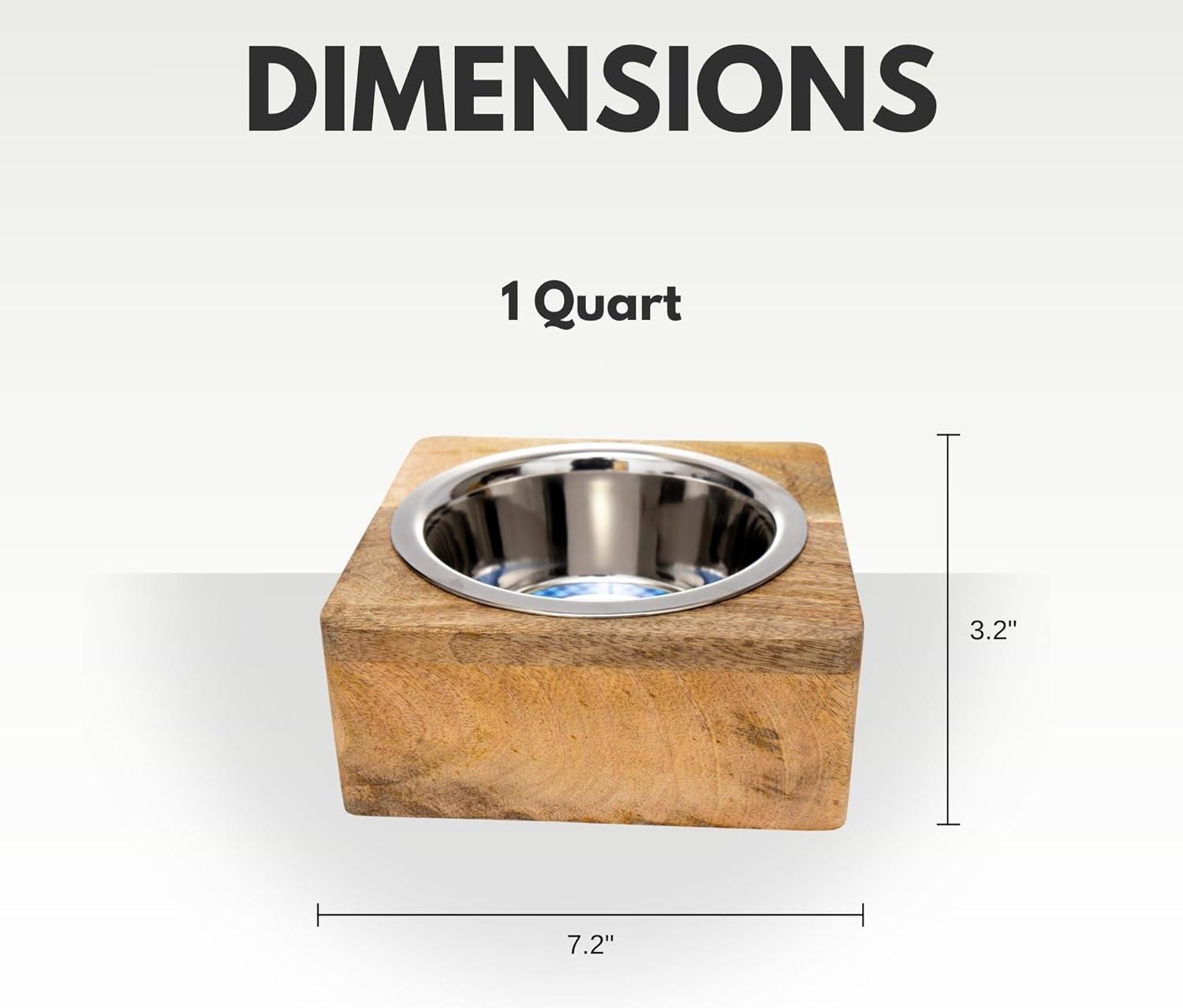 Elegant Stainless Steel Dog Bowl with Square Mango Wood Holder (1 Quart)