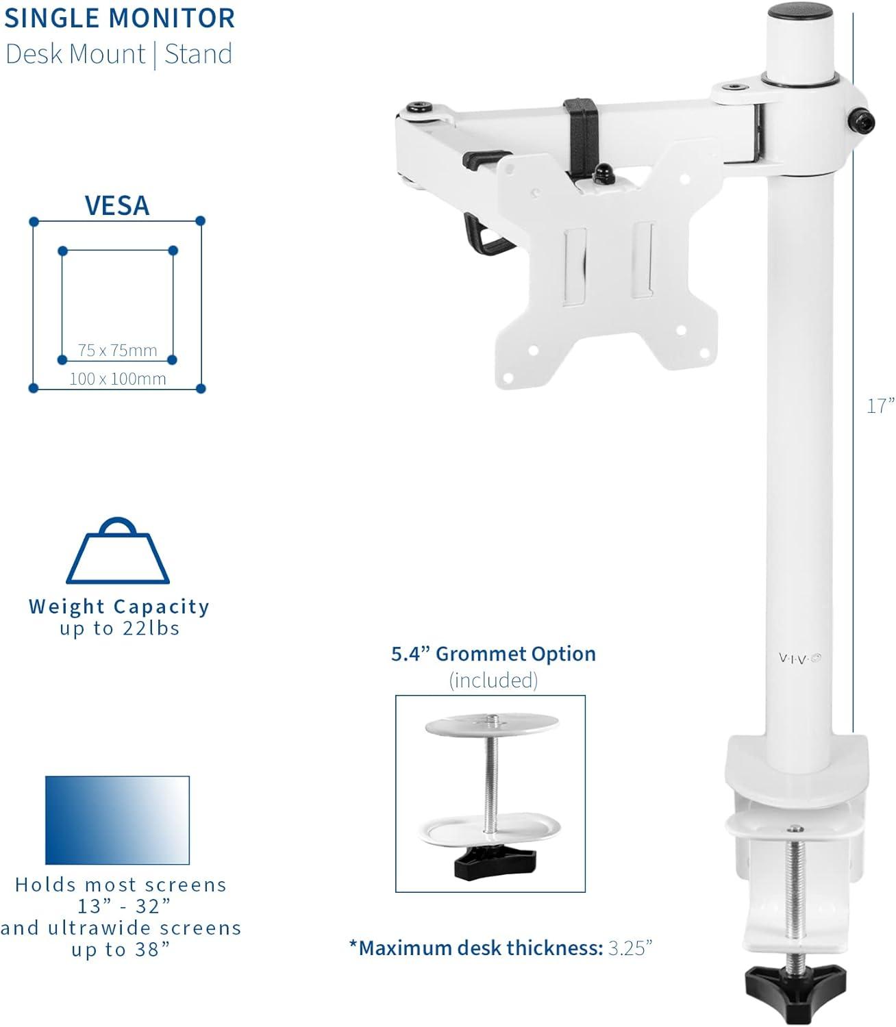 VIVO White Single Adjustable LCD Monitor Desk Mount Stand for 1 Screen up to 38"