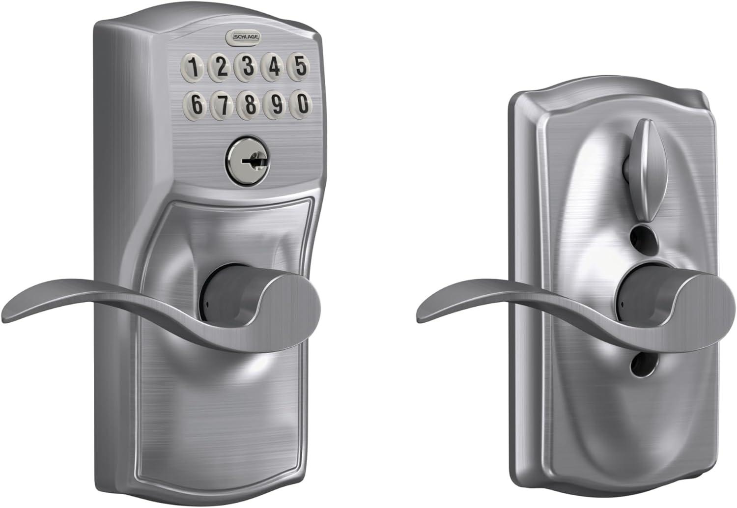 Schlage FE595 Camelot By Accent Keypad with 16211 Latch 10063 Strike Entry Flex-Lock Electronic Keypad with 16211 Latch 10063 Strike Satin Chrome Finish